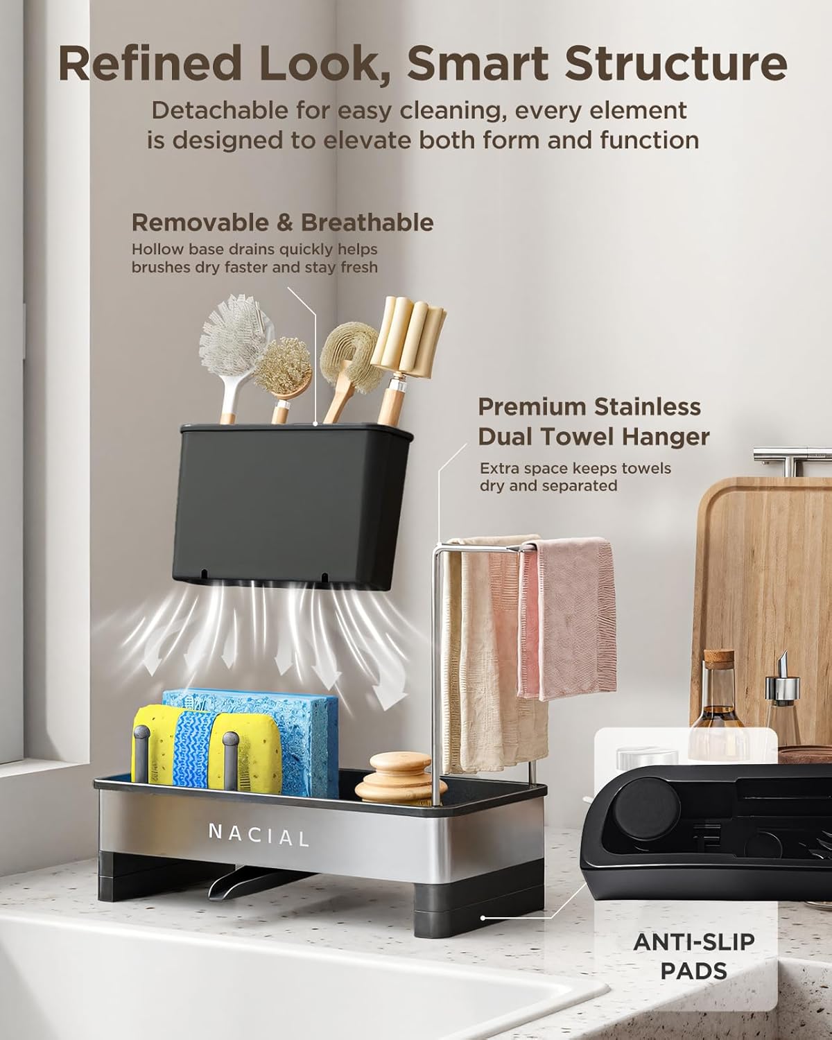 Nacial Kitchen Sink Caddy Organzier with High Brush Holder, Sponge Holder for Kitchen Sink with Two