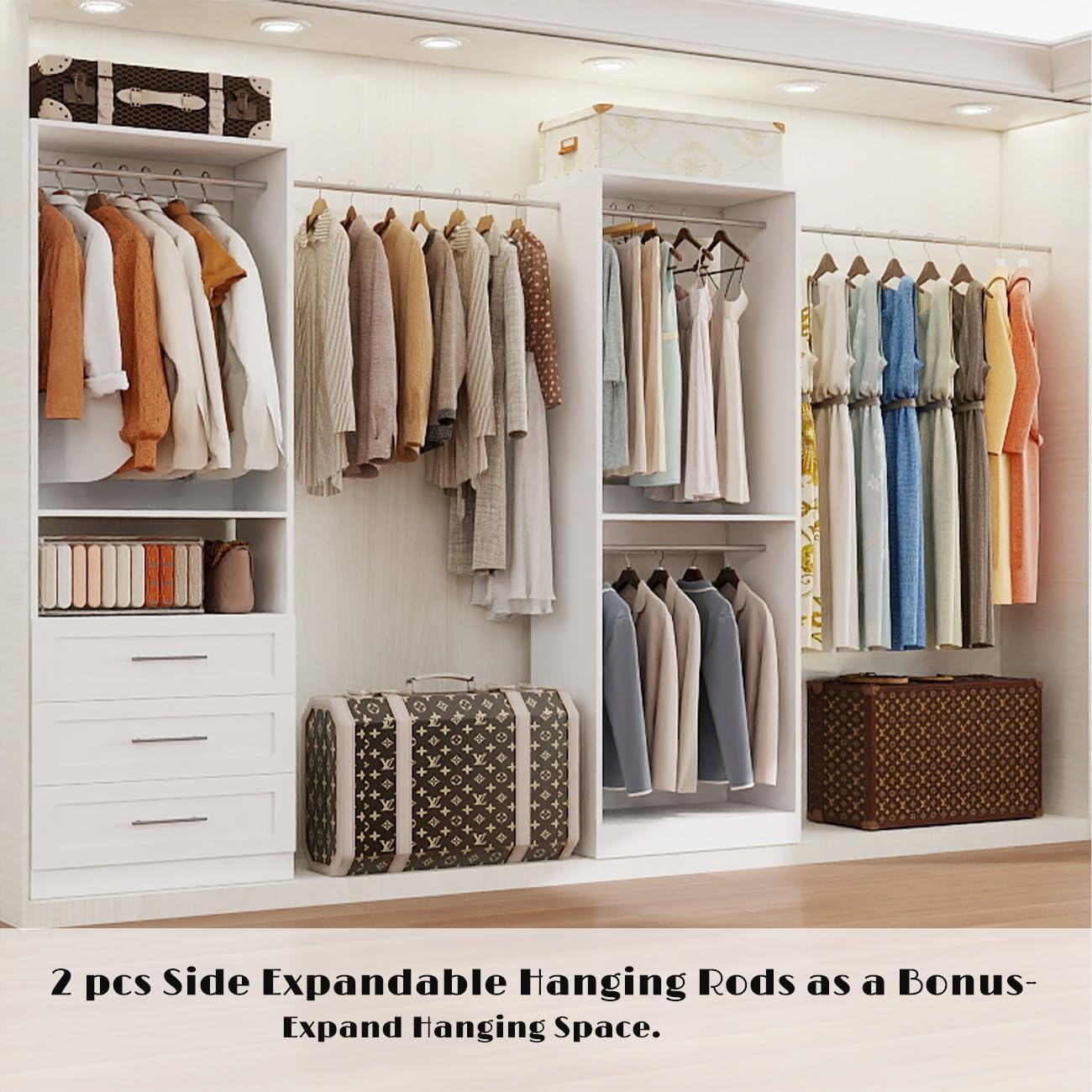 Closet System with 2 Sets, 4FT Closet Organizer Systems with 3 Wooden Drawers & 5 Hanging Rods