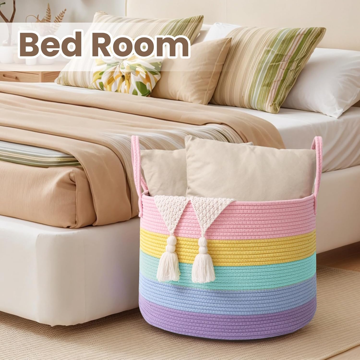 Woven Blanket Basket,65L Large Rope Storage Bin with Handles, Organizer for Blankets Toys Book and