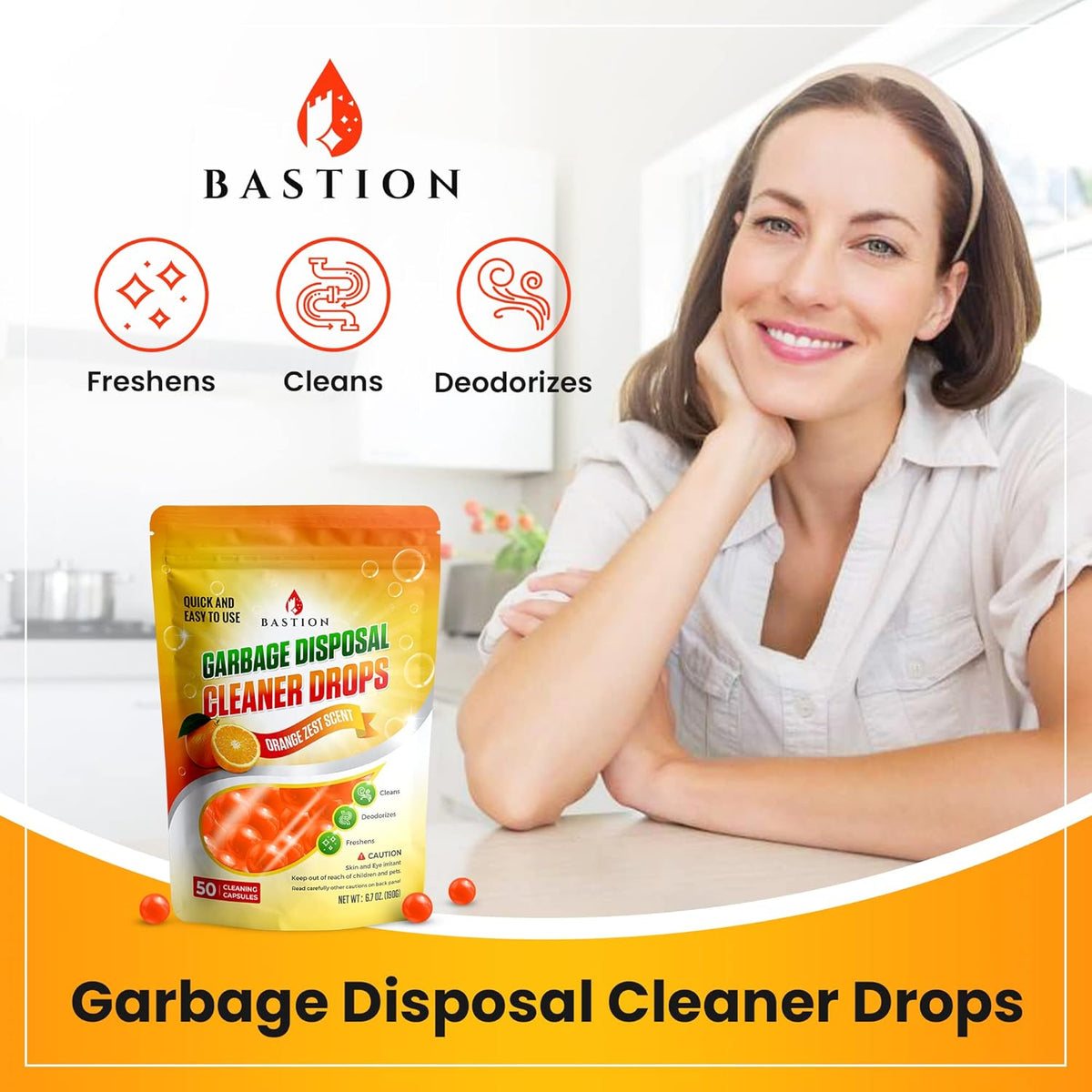 Bastion Garbage Disposal Cleaner and Deodorizer Drops- [[50-Count]] Orange Zest Scented Kitchen