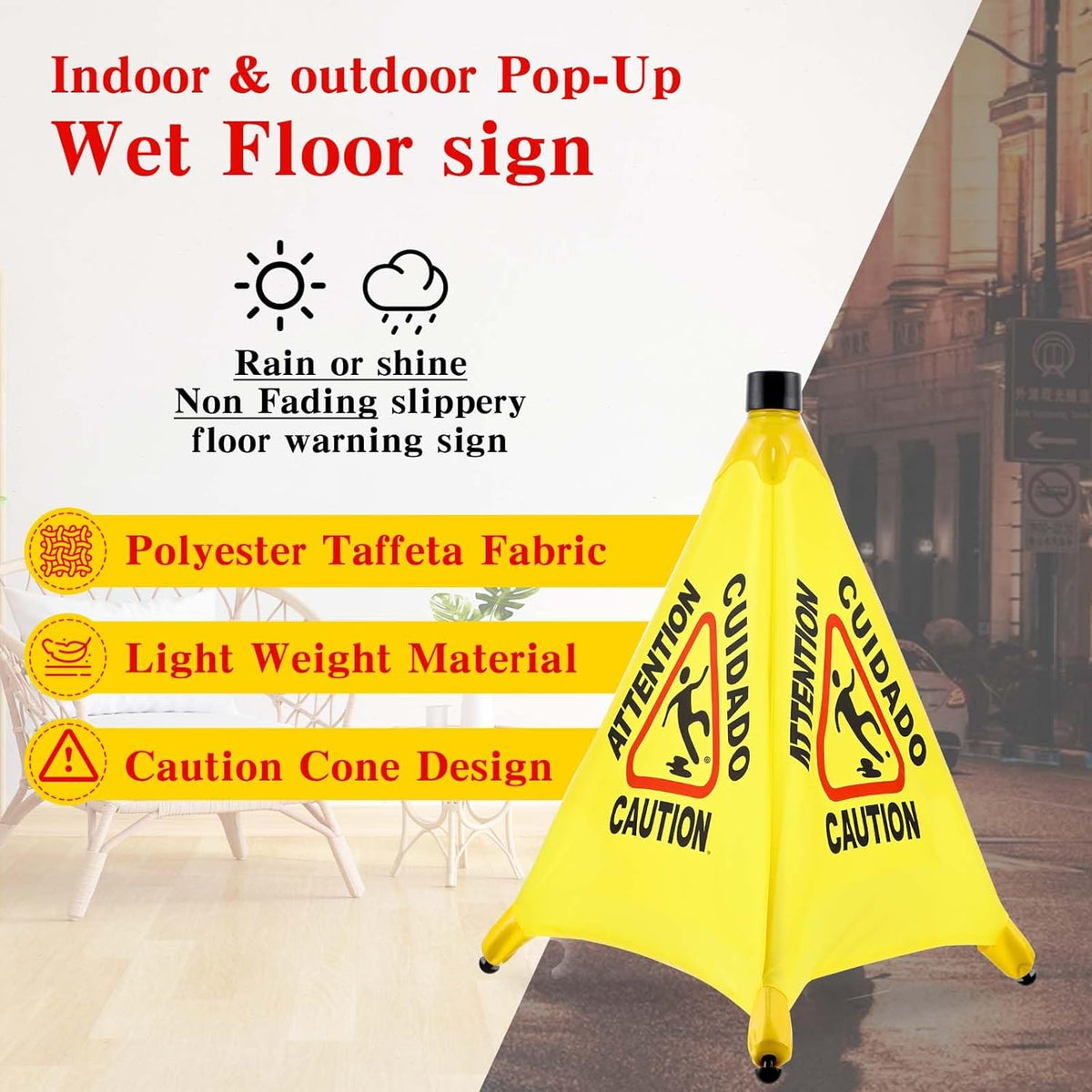 8-Packs Wet Floor Signs 20 Inch, Pop UP Bilingual Yellow Caution Wet Floor Sign with Wall Mounted