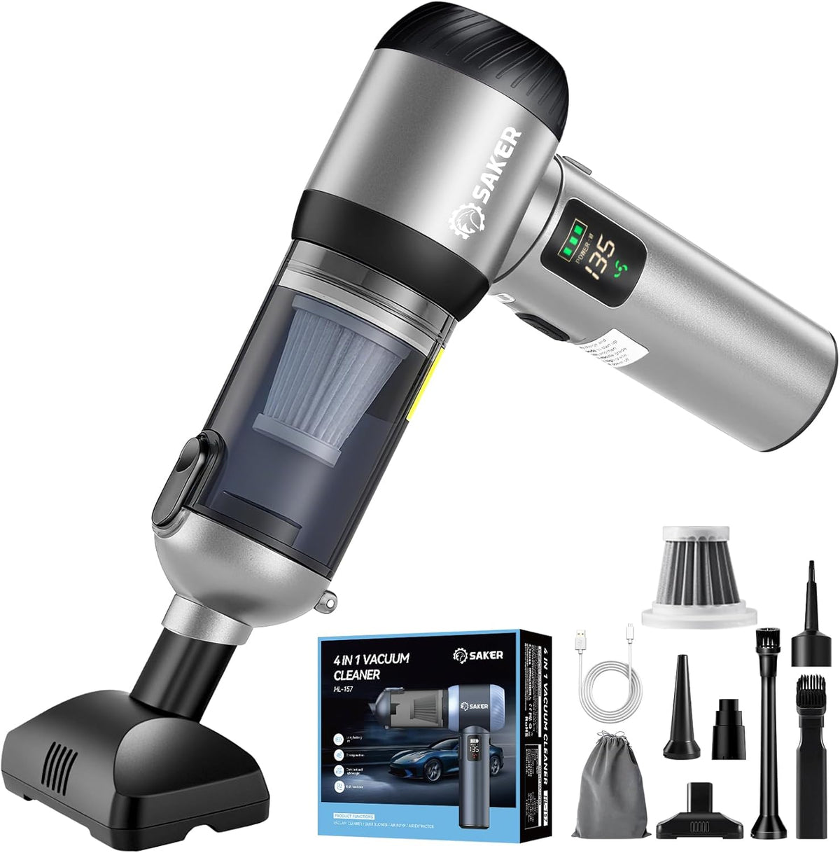 Saker Car Vacuum Portable Cordless 20000Pa Suction Power 4 in 1 Handheld Vacuum&Air Duster with LED
