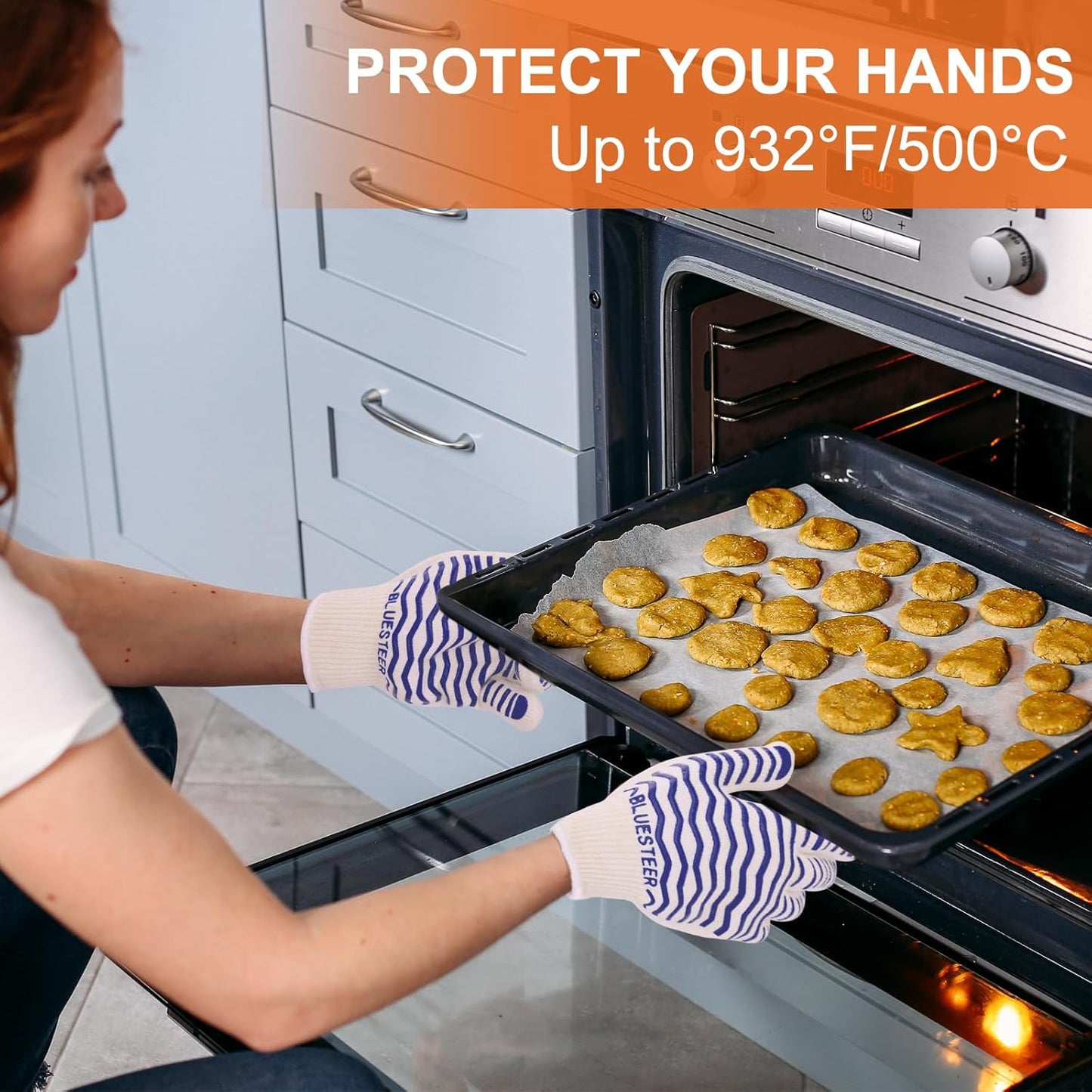 Oven Gloves 932°F Heat Resistant Oven Mitts with Fingers, Heat Proof BBQ Grill Gloves Silicone Grip