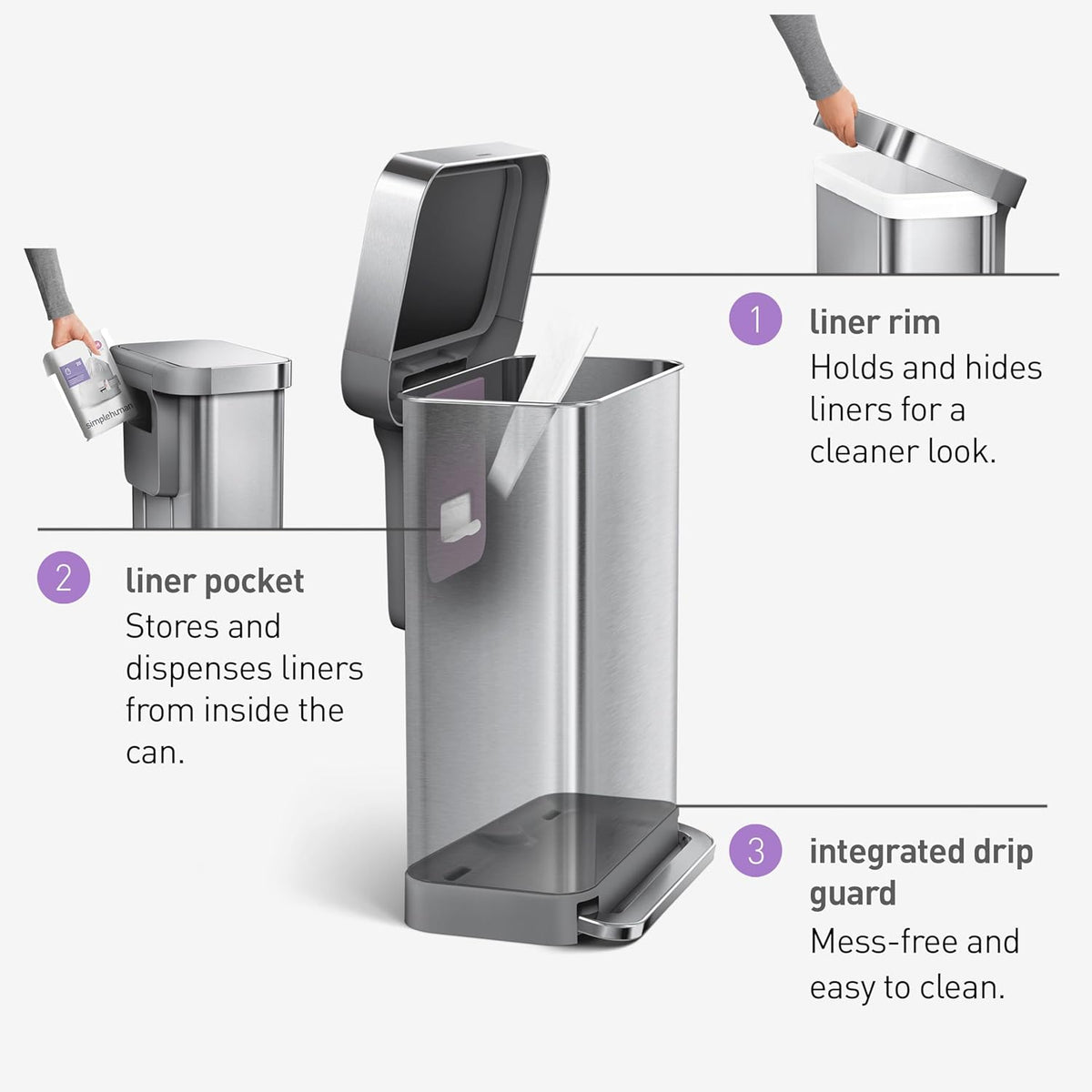 simplehuman 45 Liter / 12 Gallon Liter Rectangular Hands-Free Kitchen Step Trash Can with