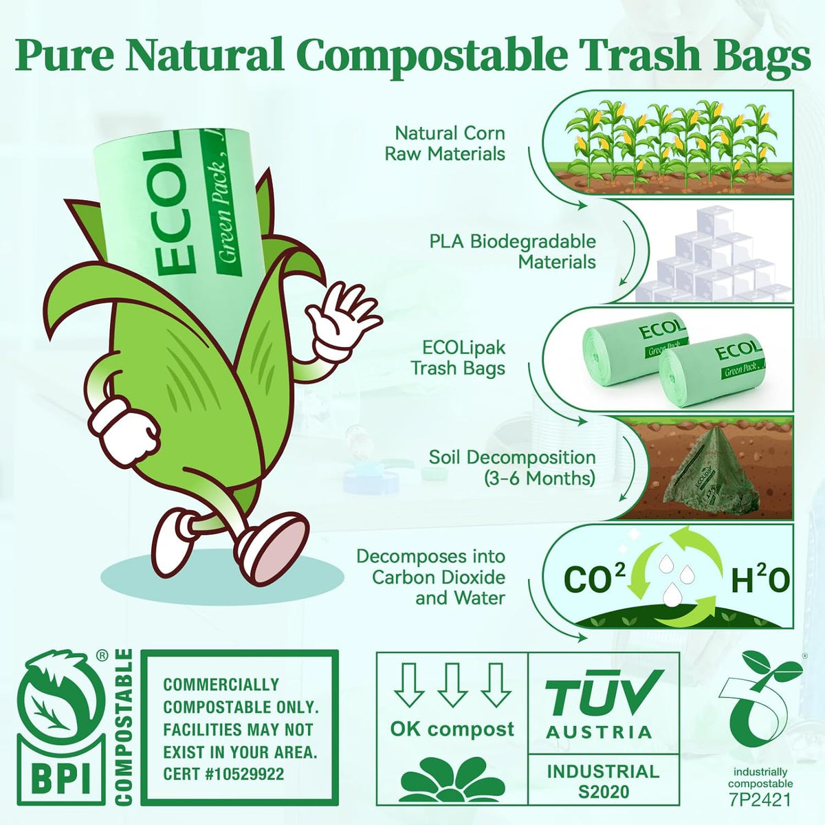 ECOLipak 13 Gallon Compostable Trash Garbage Bags, 100 Count (2 Rolls) Biodegradable Heavy Duty
