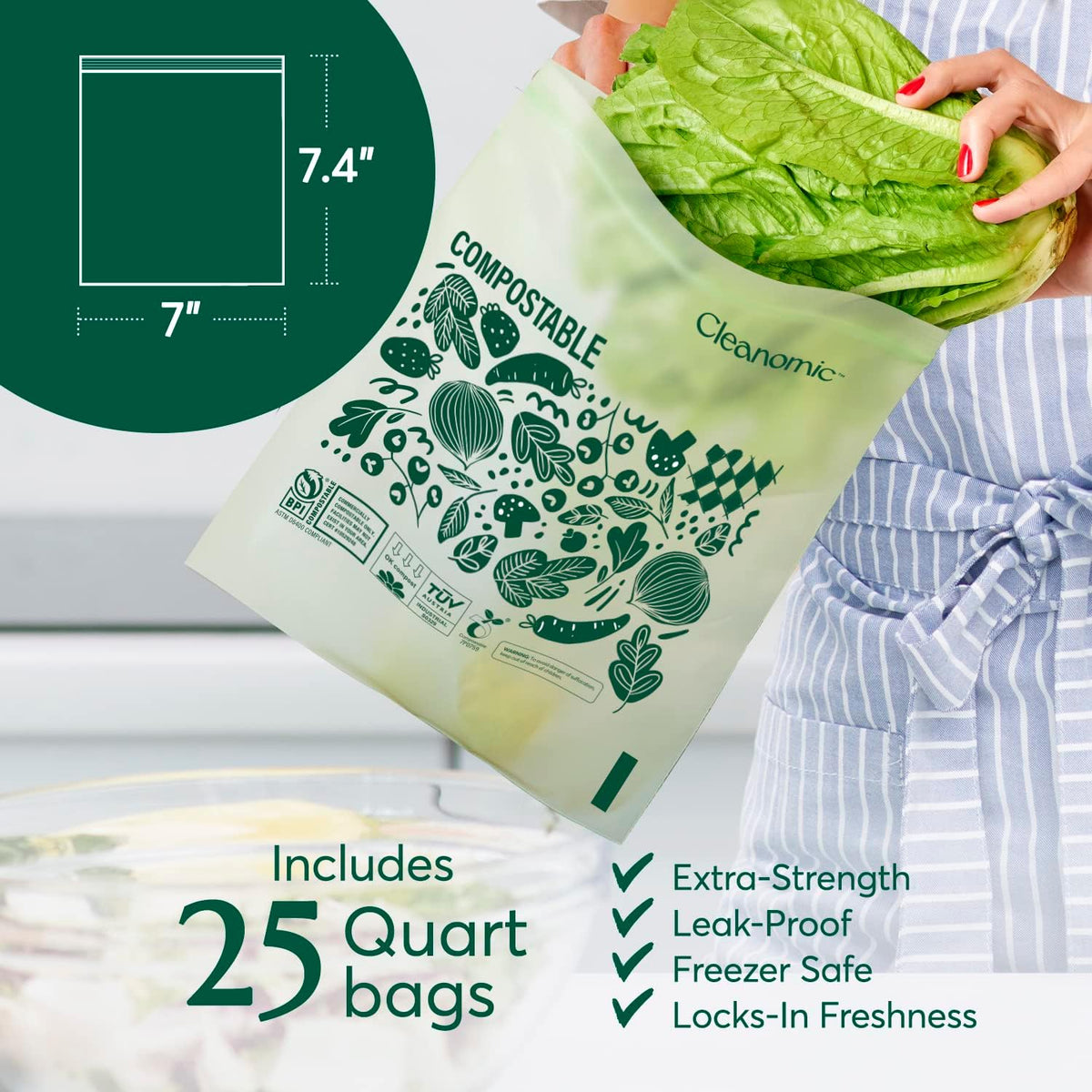 Cleanomic Compostable* Quart Size Food Storage Bags (25 Eco Zip) Freezer and Leak Proof, Also