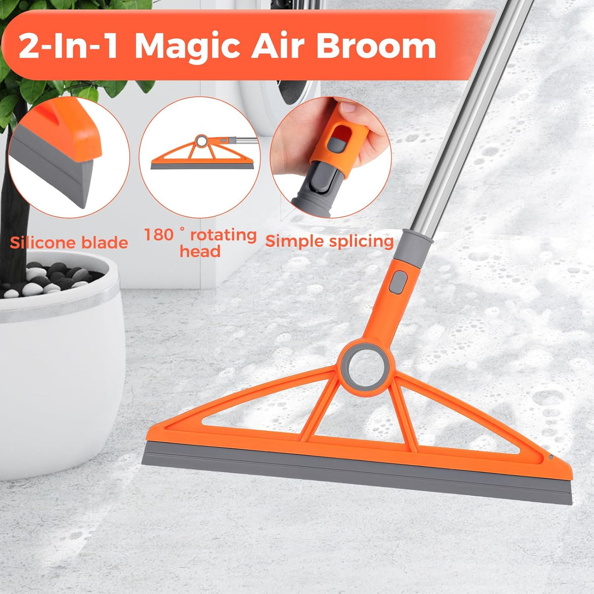 2-in-1 Air Broom, 180° Rotating 54 Inch Adjustable Silicone Rubber Broom Includes 2 Scraping