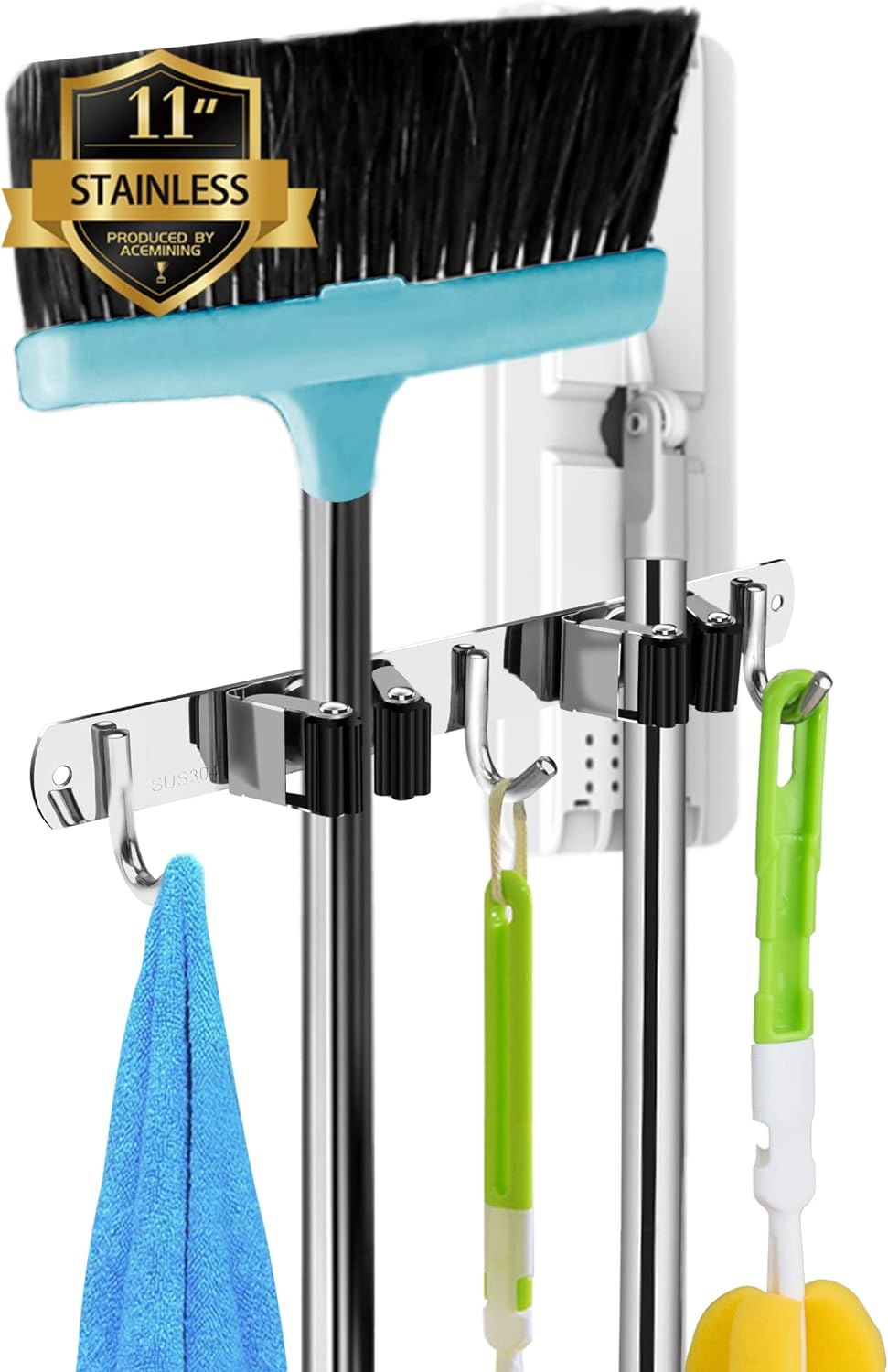 2 Racks and 3 Hooks Broom and Mop Holder Wall Mounted Garage Organizer Storage Tool Racks Stainless