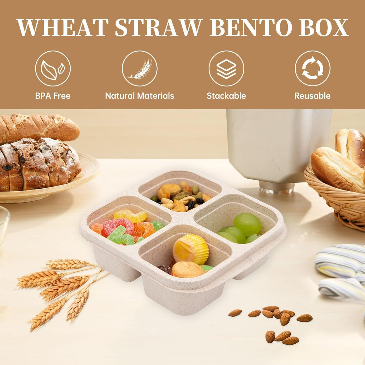 4 Pack Bento Lunch Box，4 Compartment Snack Containers，Divided Bento Snack Box，Meal Prep Containers