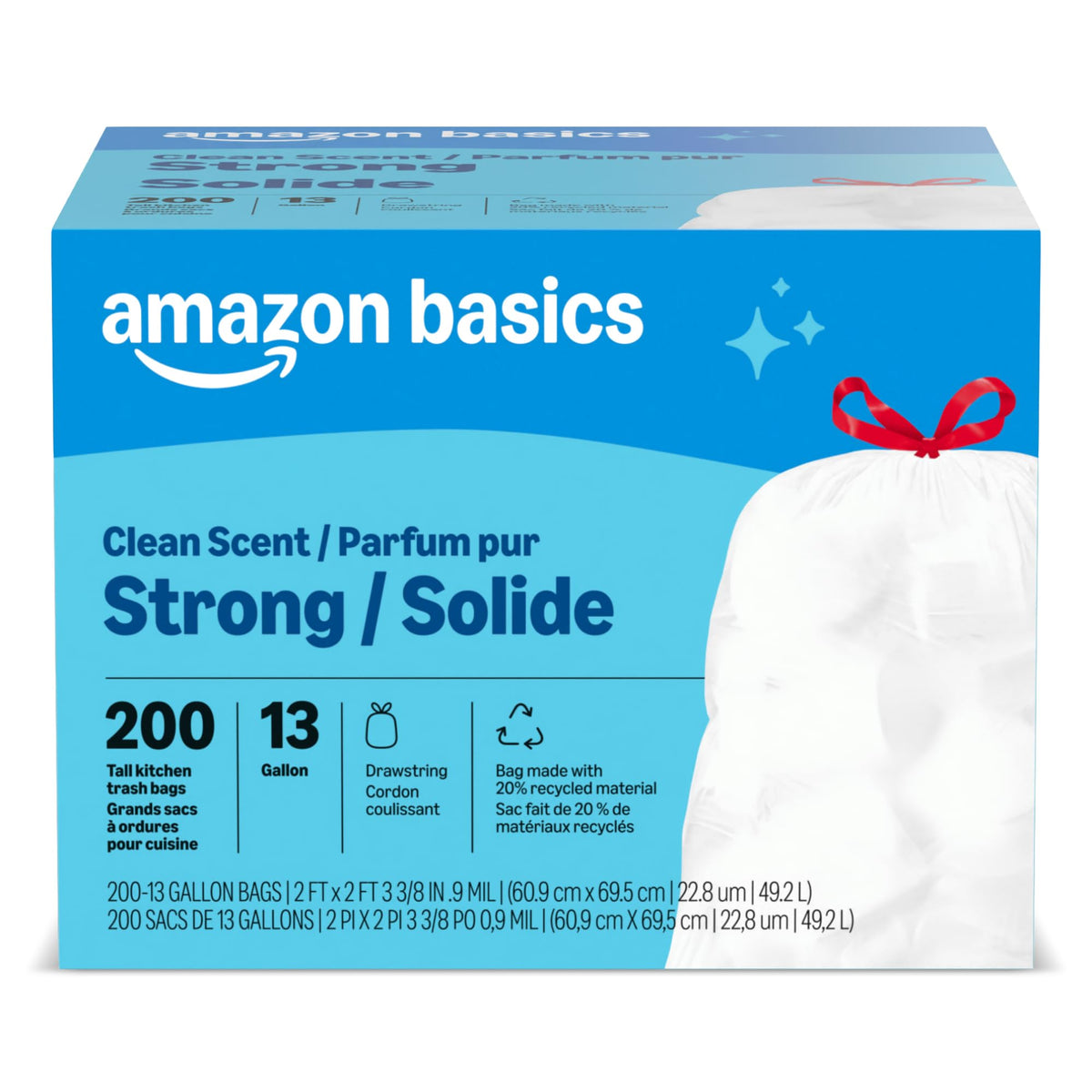 Amazon Basics Scented Trash Bags, Tall Kitchen Drawstring, Clean Fresh Scent, 13 Gallon, 200 Count