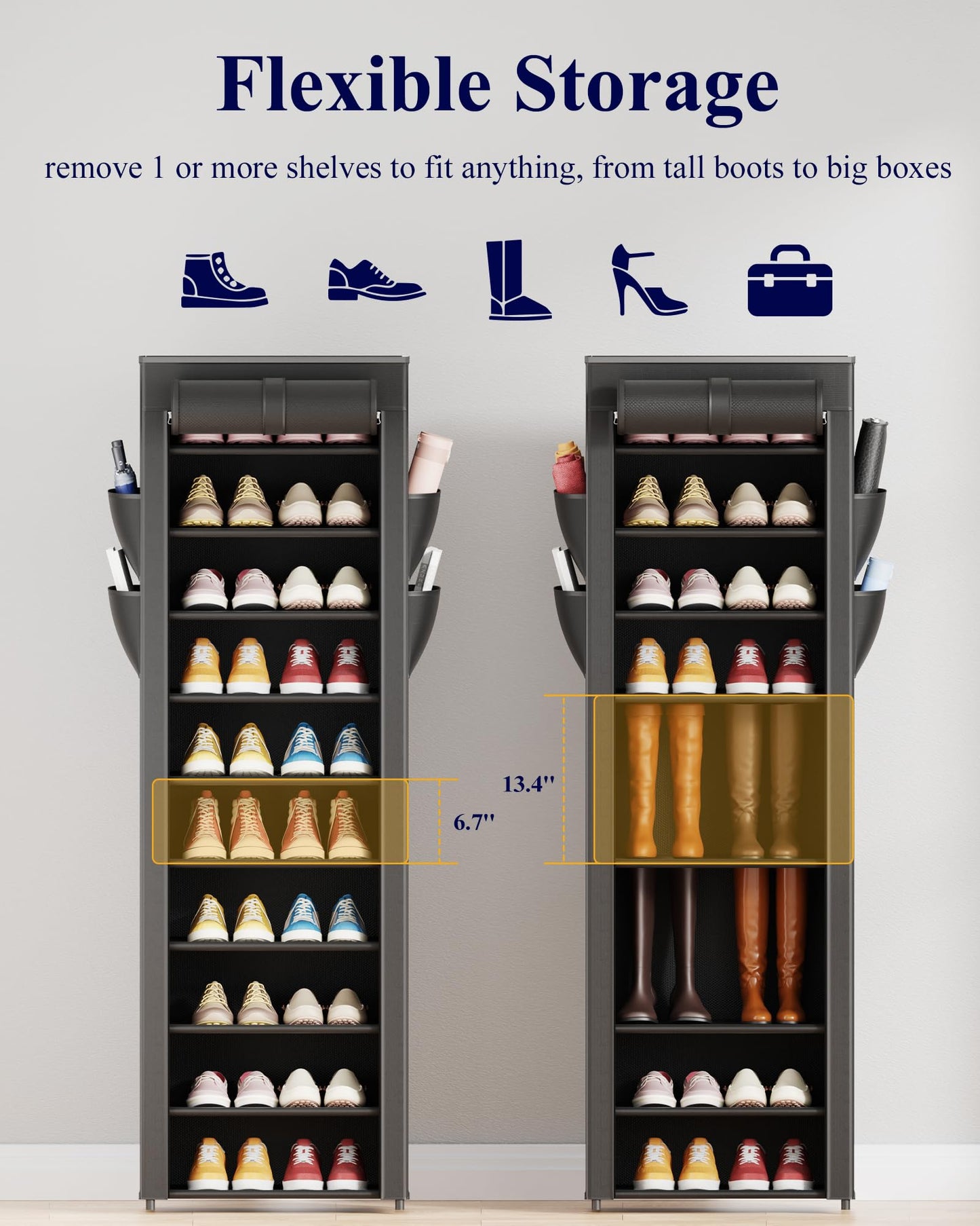 Kitsure 10-Tier Shoe Rack with Cover, Vertical Shelf, 17.5" Wide, Black