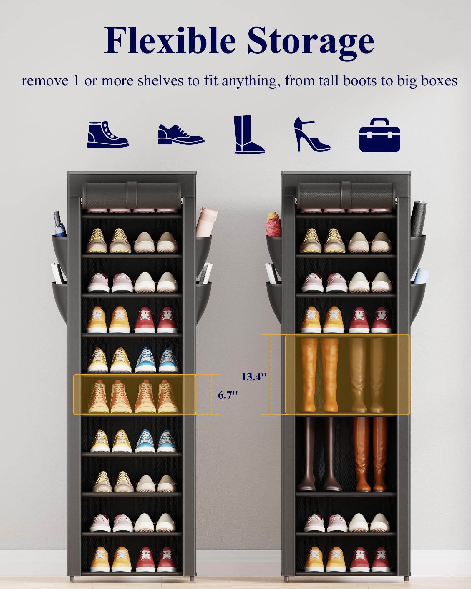 Kitsure 10-Tier Shoe Rack with Cover, Vertical Shelf, 17.5" Wide, Black