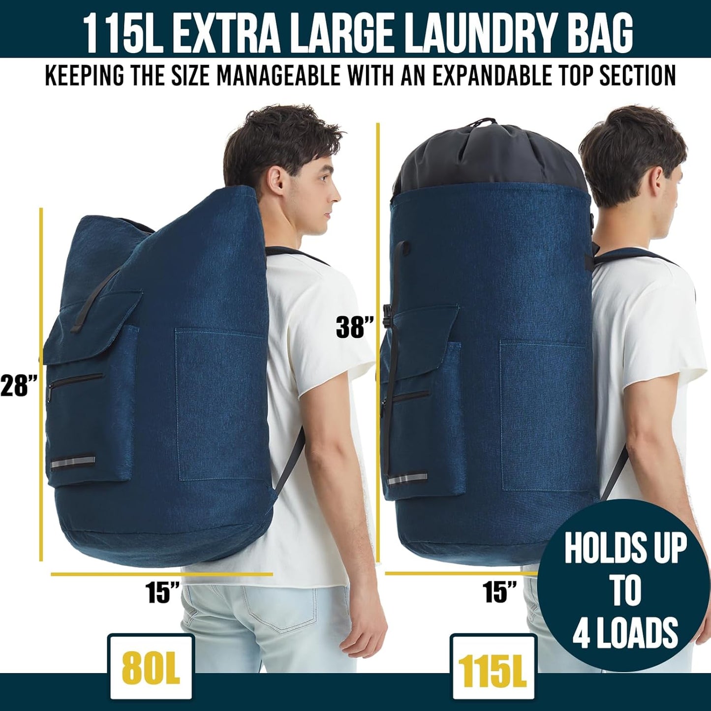 Laundry Backpack Heavy Duty, 115L Extra Large Laundry Bag with Straps, Dorm Room Essential for