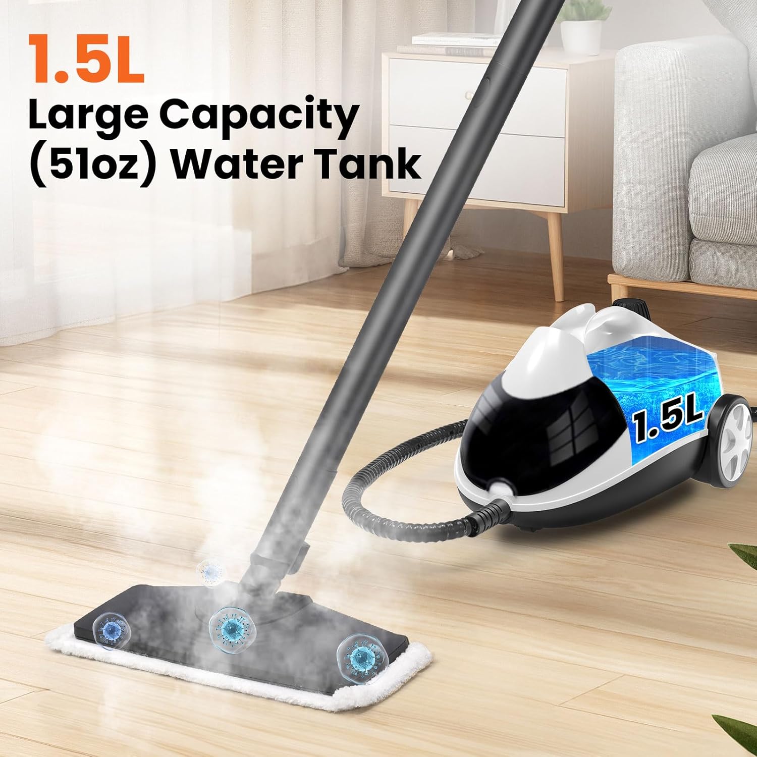 Steam Cleaner 1.5L Steamer for Cleaning Fast Heating 6-in-1 Multi-Surface with 8 Accessories UL499