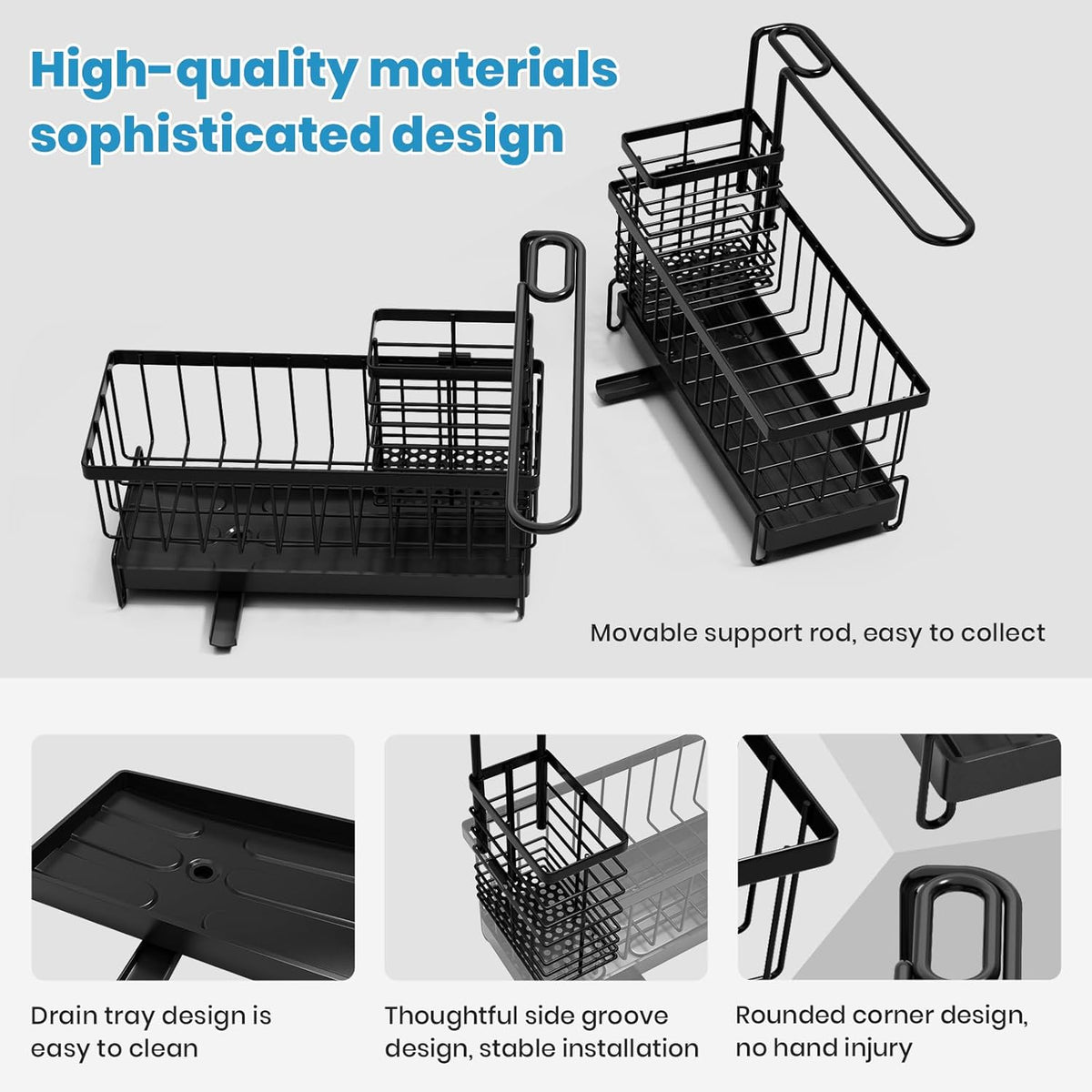 Kitchen Sink Caddy, Sponge Holder with 360 Degree Rotating Drain, Carbon Steel Organizer with High