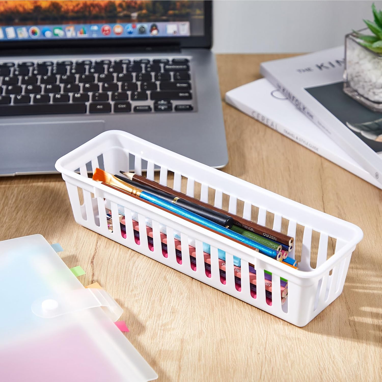 Domensi 12 Pack Slim Plastic Storage Baskets Tray for Organizing 10.25 x 3.25 x 2.5 Inch Small