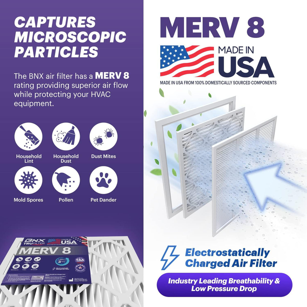 BNX TruFilter 16x25x1 Air Filter MERV 8 (6-Pack) - MADE IN USA – Dust & Pet Defense Electrostatic
