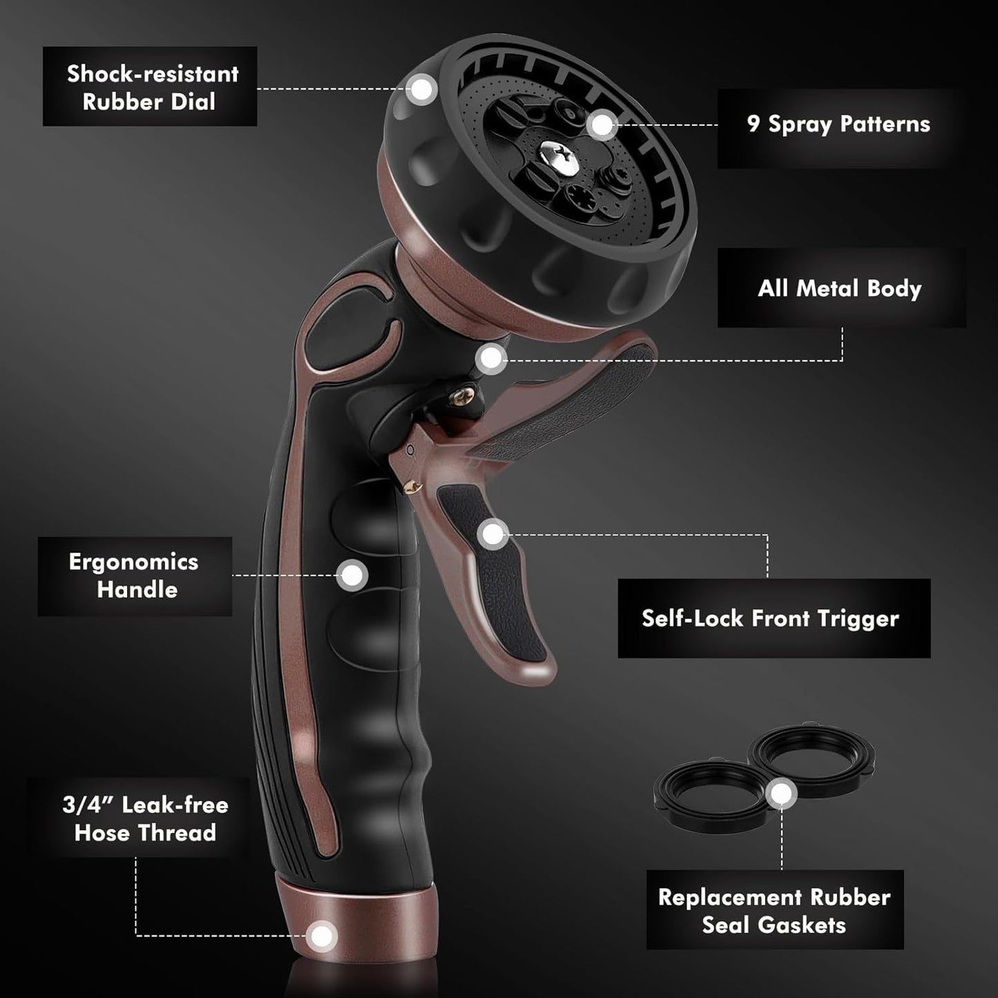 RESTMO Hose Nozzle with Easy Self-Lock Trigger, Heavy Duty Metal Water Hose Sprayer with 9 Spray