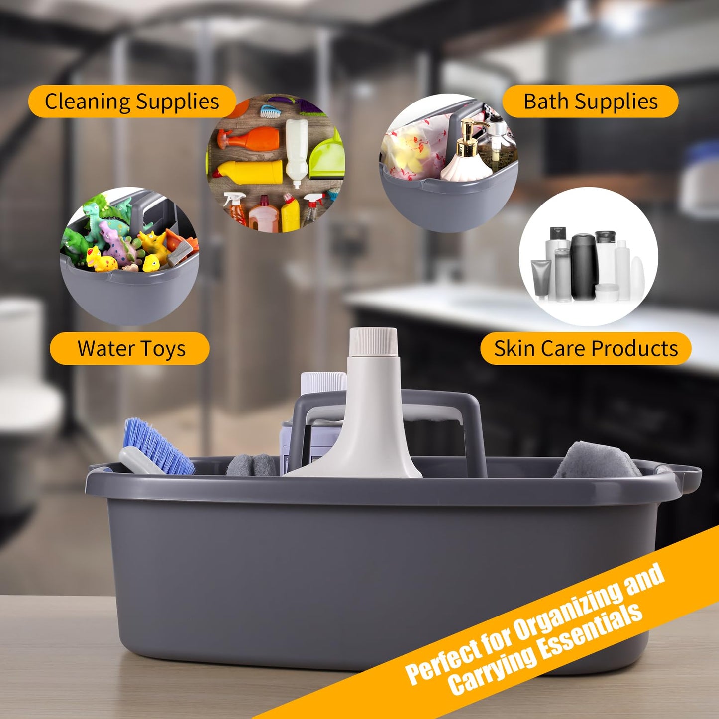 Omirome 2-Pack Large Gray Cleaning Caddy for Cleaning Supplies with Handle - Portable Plastic Tote