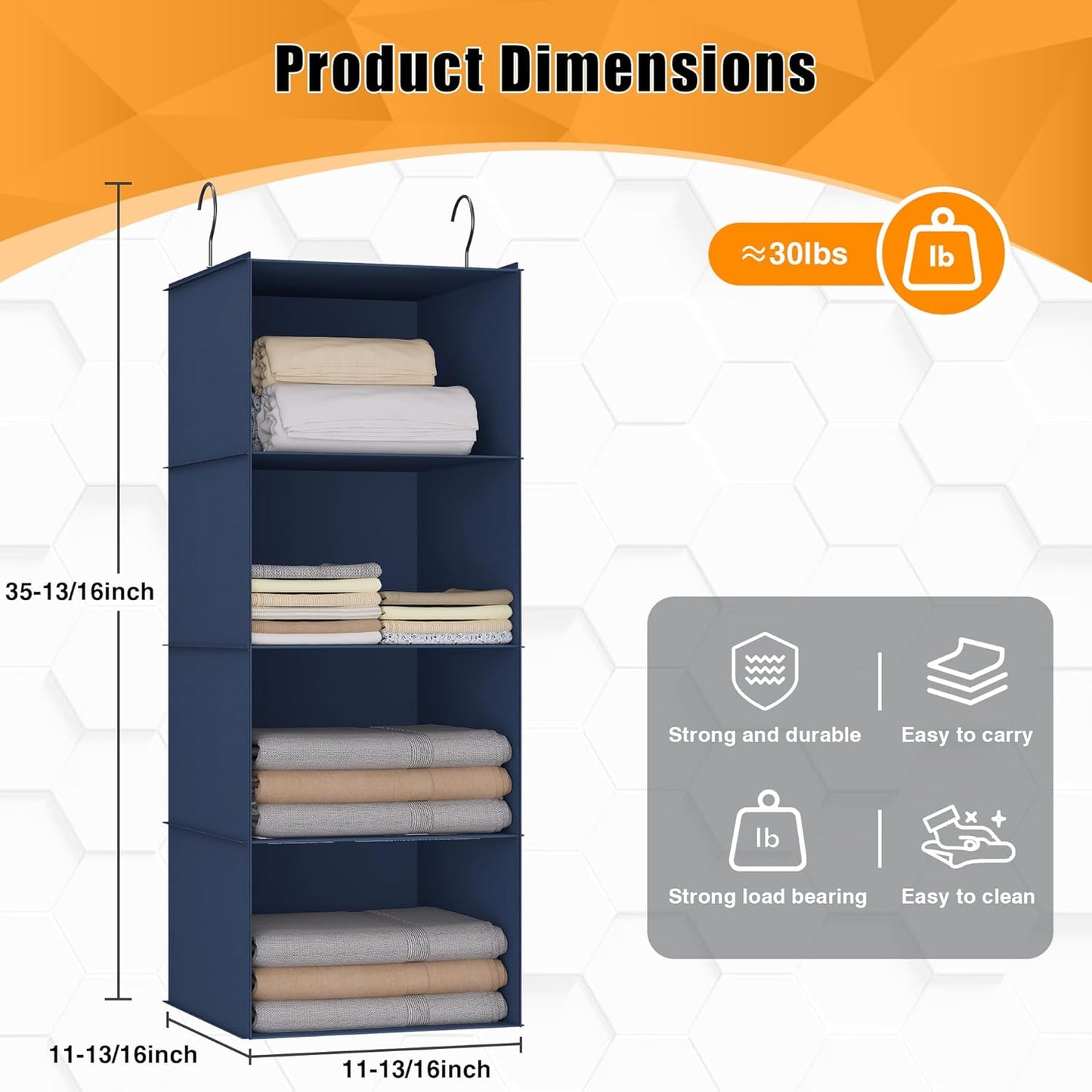 Hanging Closet Organizer - 4-Shelf, Easy Mount Foldable Wardrobe Storage Shelves for Clothes