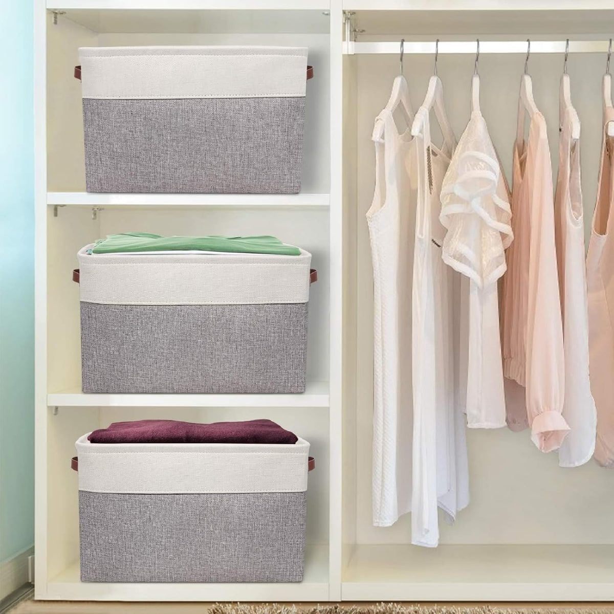 Univivi 15 inch Large Storage Baskets 4PC Gray Hard Bottom Foldable Storage Bins with PU Handles