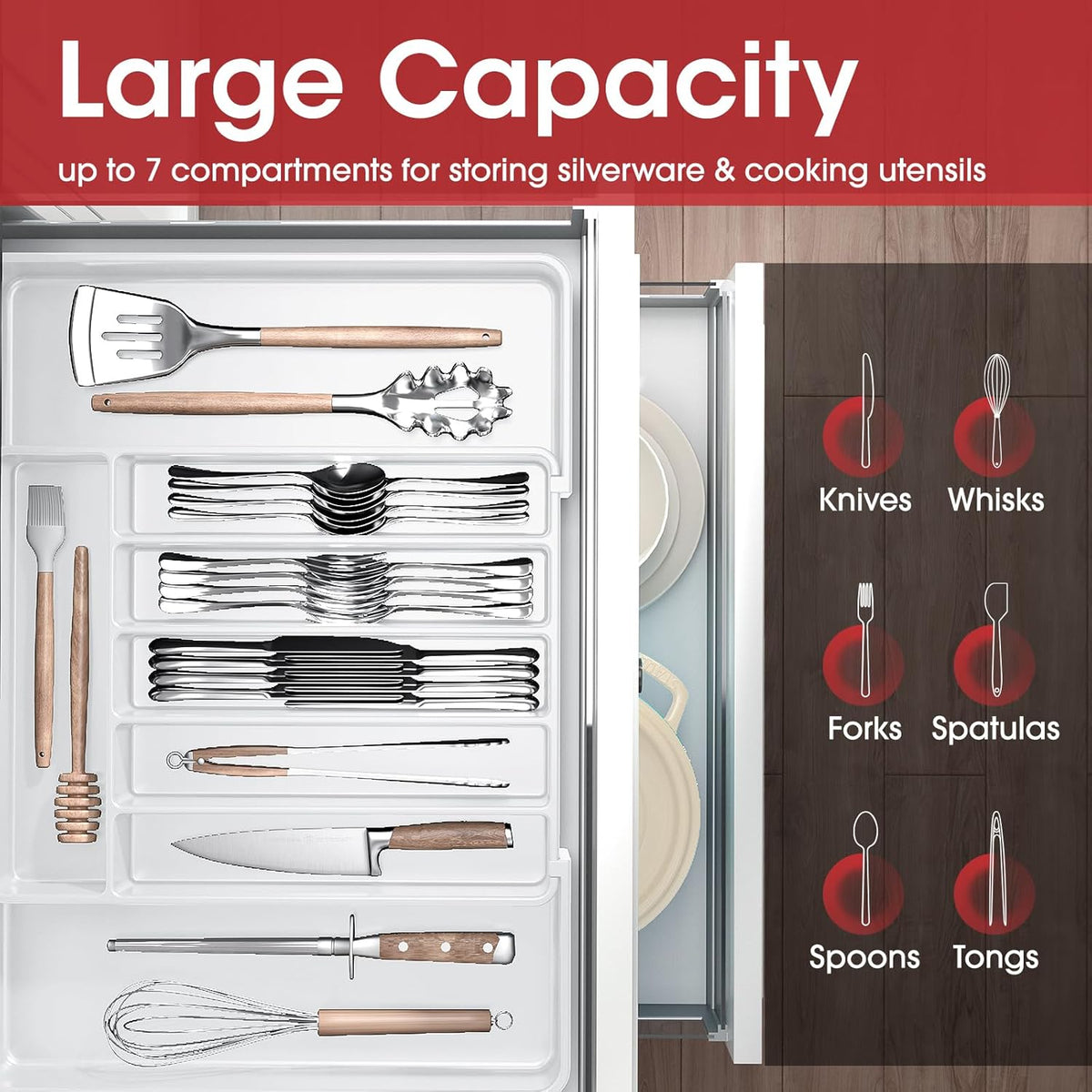Aujen Silverware Organizer - Expandable Kitchen Drawer Organizer, Adjustable Utensil Organizer