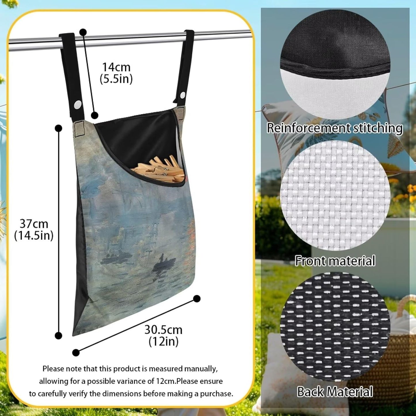 Heavy Duty Outdoor Clothespin Bag - Impression Sunrise Print Windproof & Water Repellent Hanging