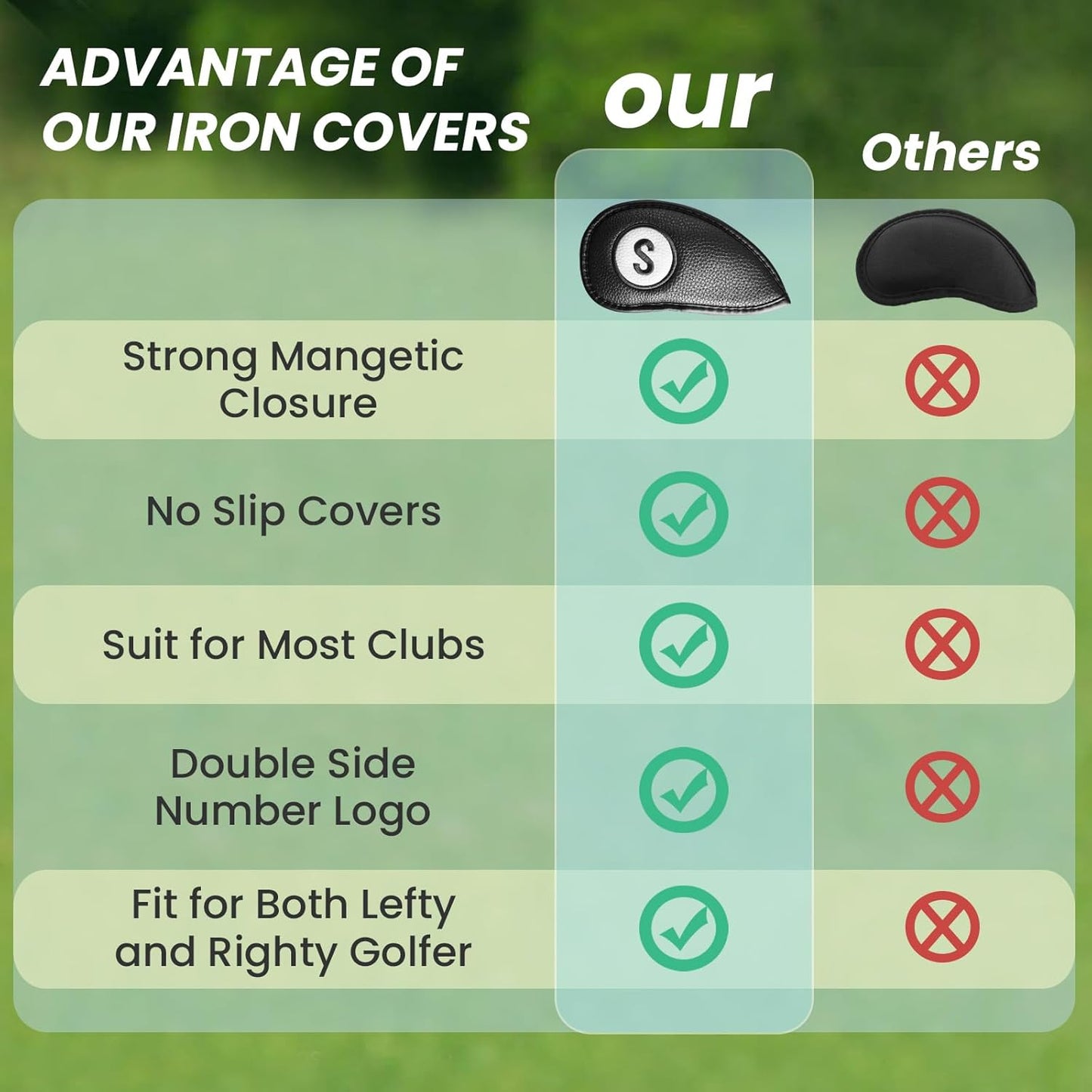 FINGER TEN Golf Club Covers for Irons Magnetic Value 11 Pack, Synthetic Leather Deluxe Head Cover