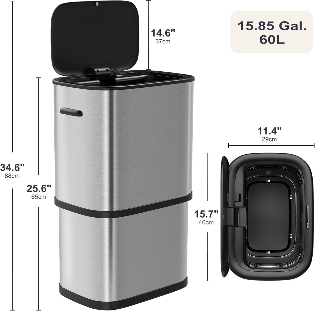 16 Gallon Kitchen Trash Can with Lid, 60L Touchless Motion Sensor Trash Can, Waterproof Brushed