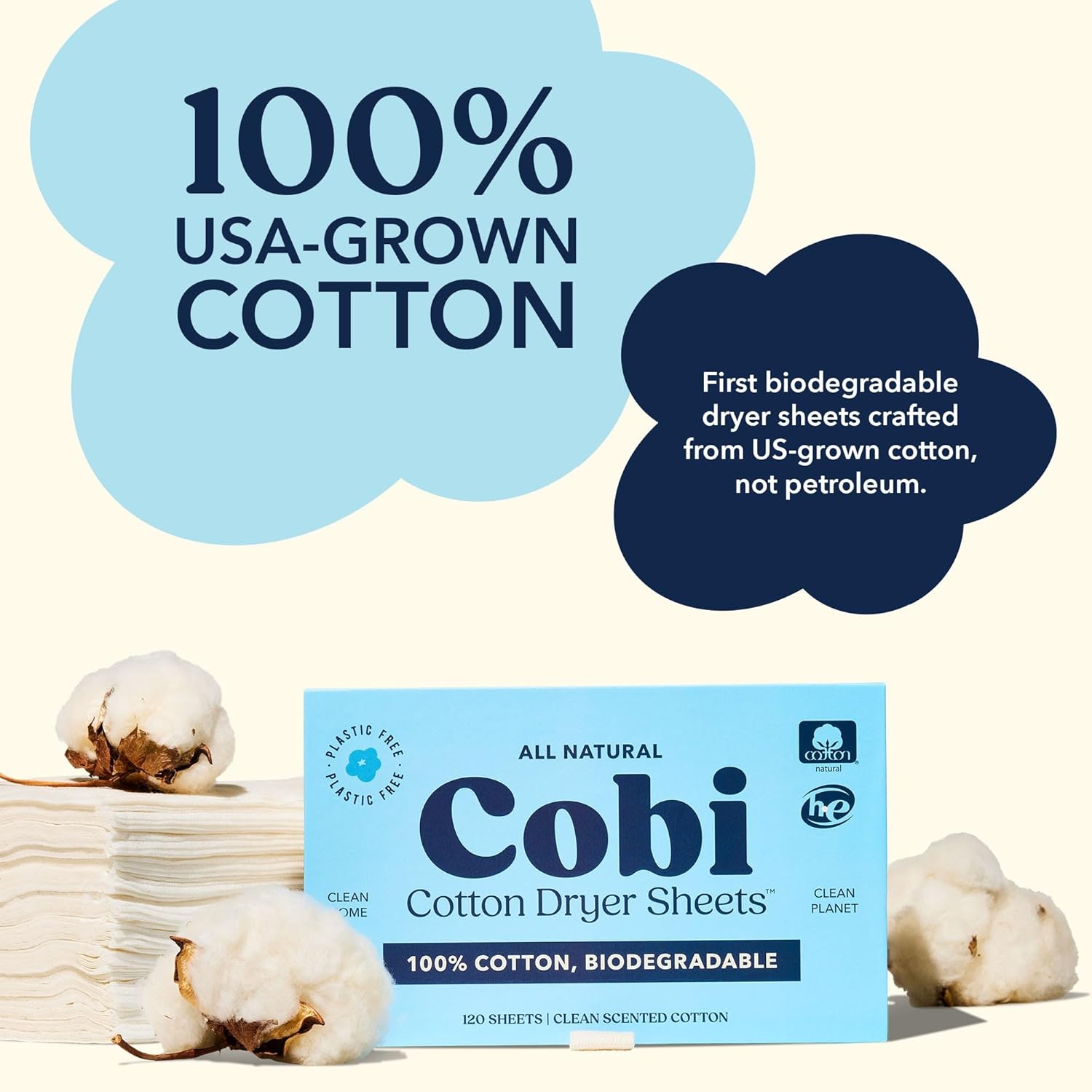 Cobi Biodegradable Non-Toxic Dryer Sheets – Naturally Scented Cotton Dryer Sheets – Eco-Friendly