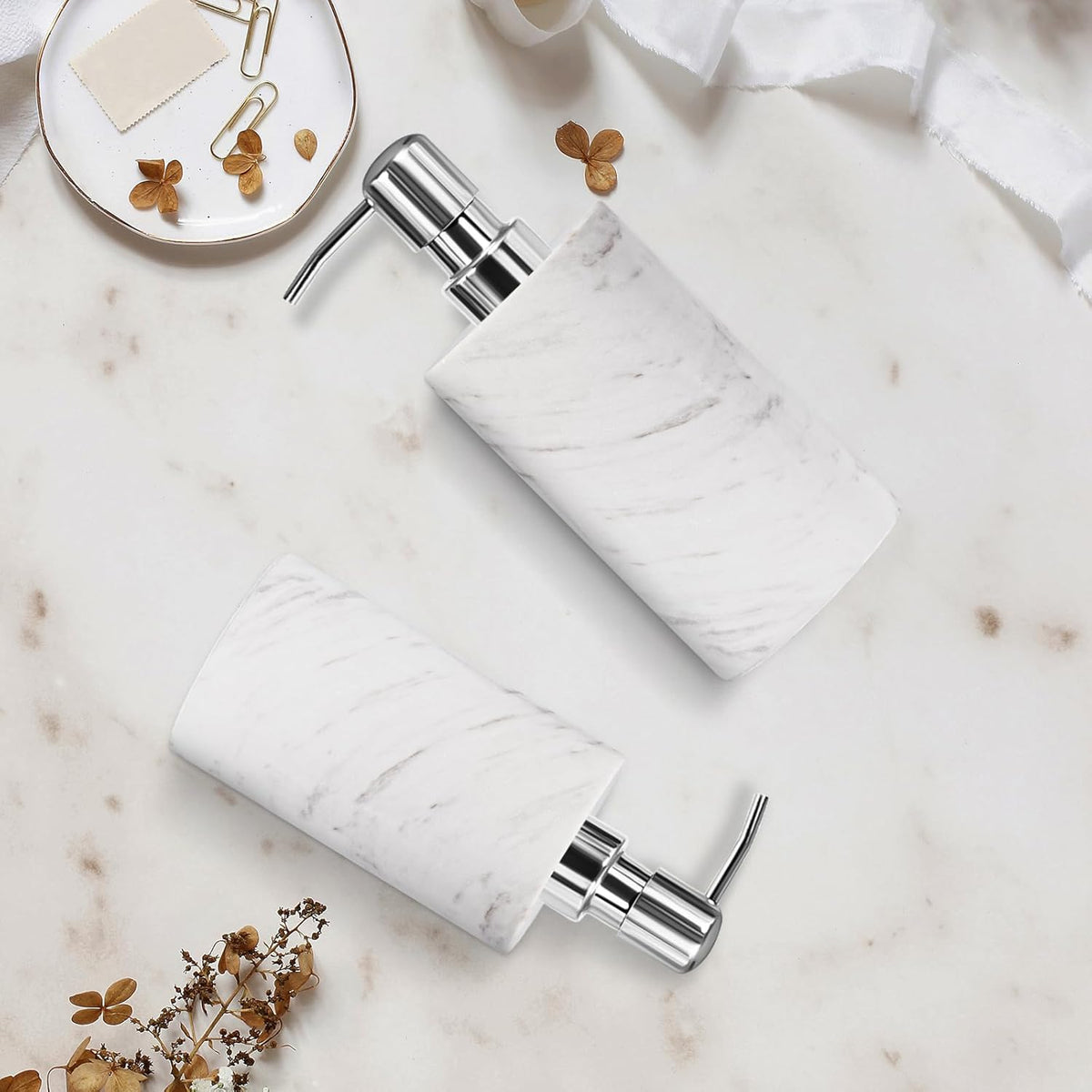 Marble Soap Dispenser with Stainless Steel Pump, White Hand Liquid Soap Dispenser, 6 Ounces for