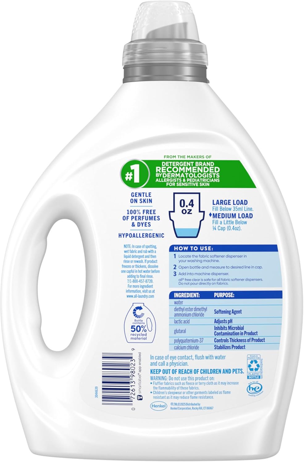 all free clear, Original, Liquid Fabric Softener for Sensitive Skin, Unscented and Hypoallergenic