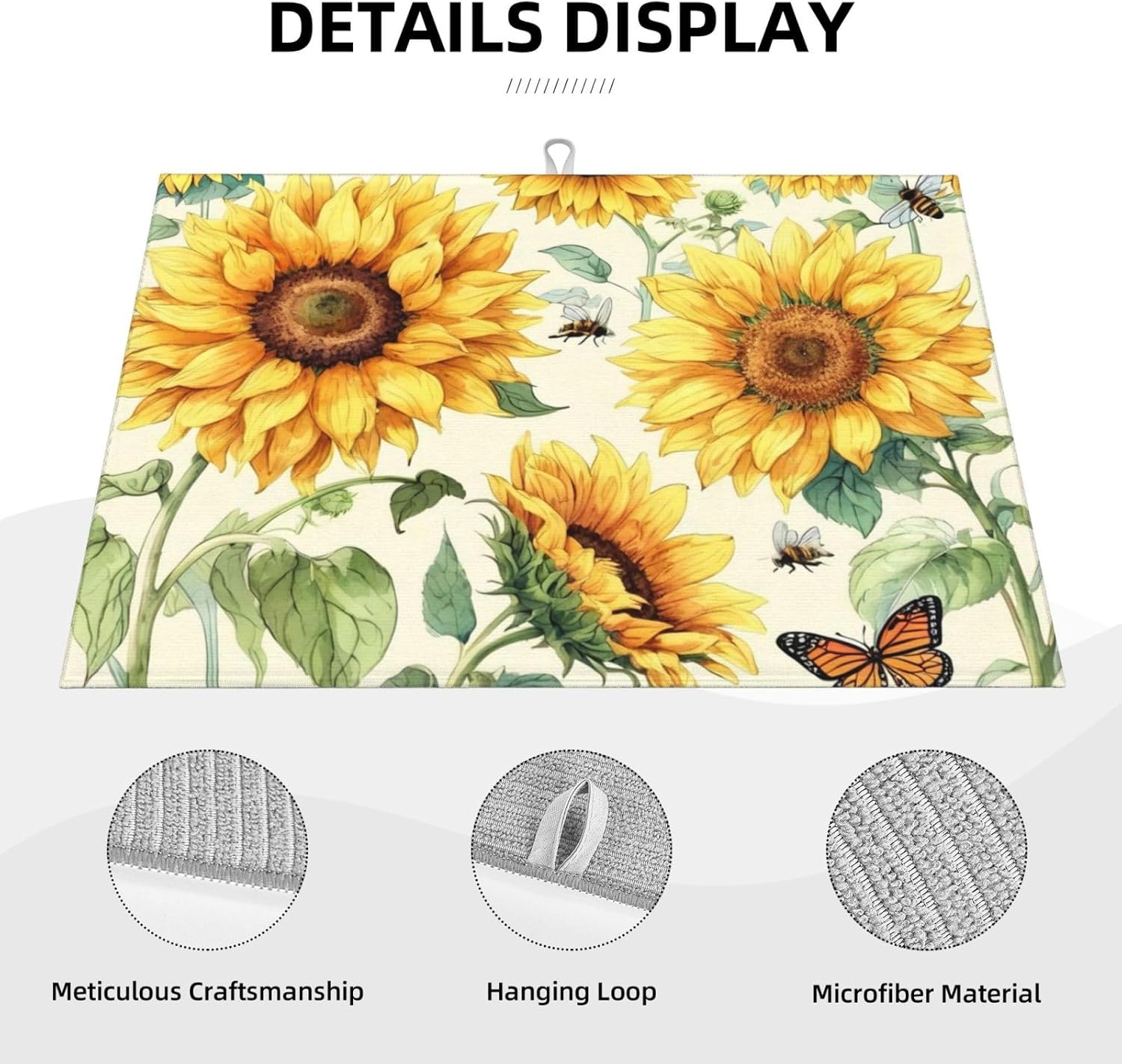 Sunflower Dish Drying Mat Highly Absorbent Double-Sided Microfiber with Hanging Loop Reversible