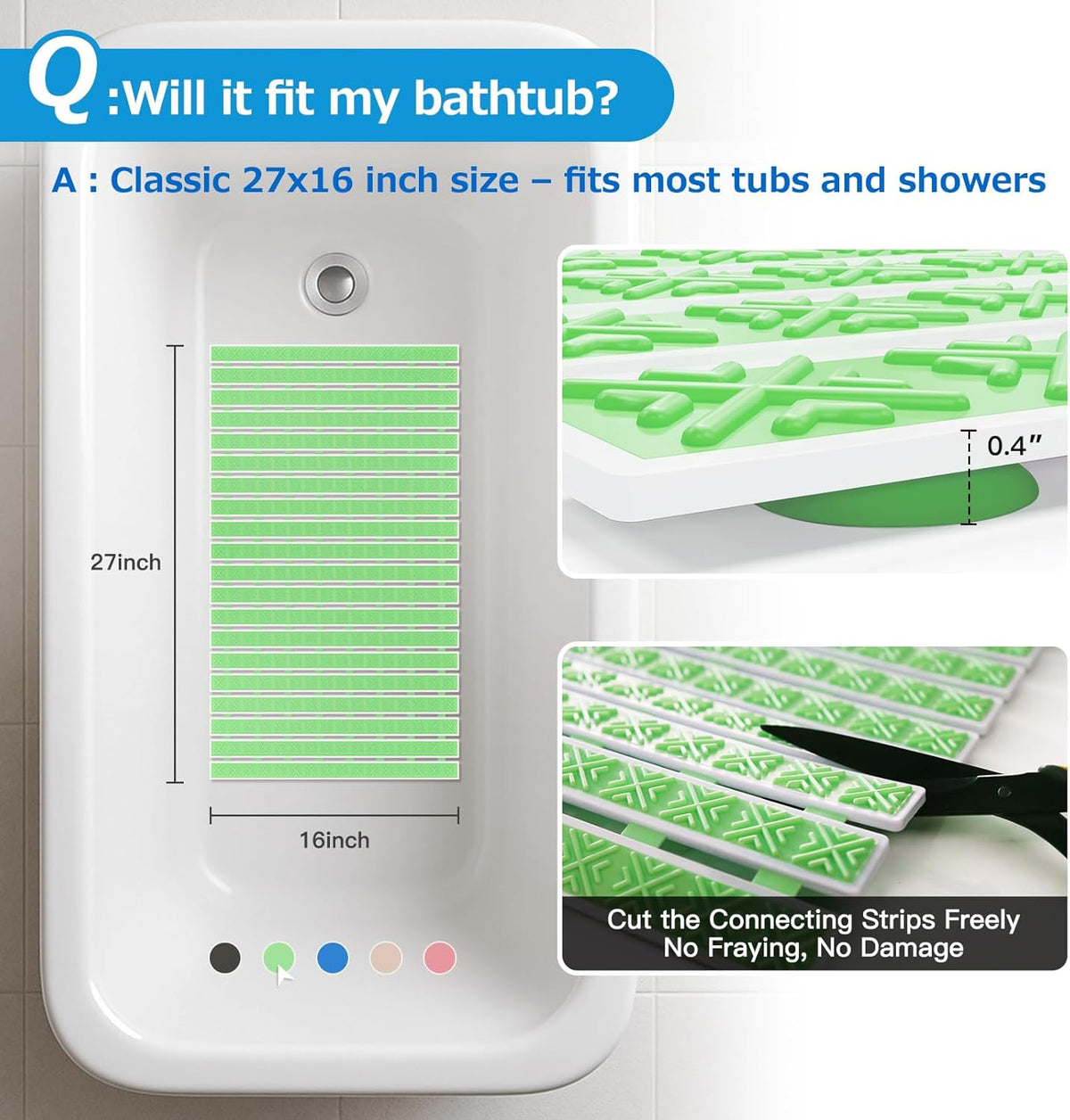 Matace Non Slip Rubber Bathtub & Shower Mat with Suction Cups, Thick Textured Surface, Fast Drain