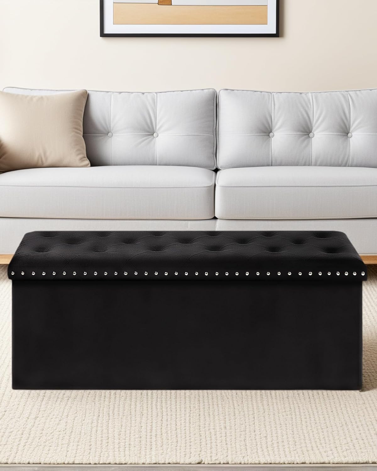 Velvet Storage Ottoman Bench, 43.3" Folding Ottoman with Rivet Trim, Heavy-Duty Upholstered