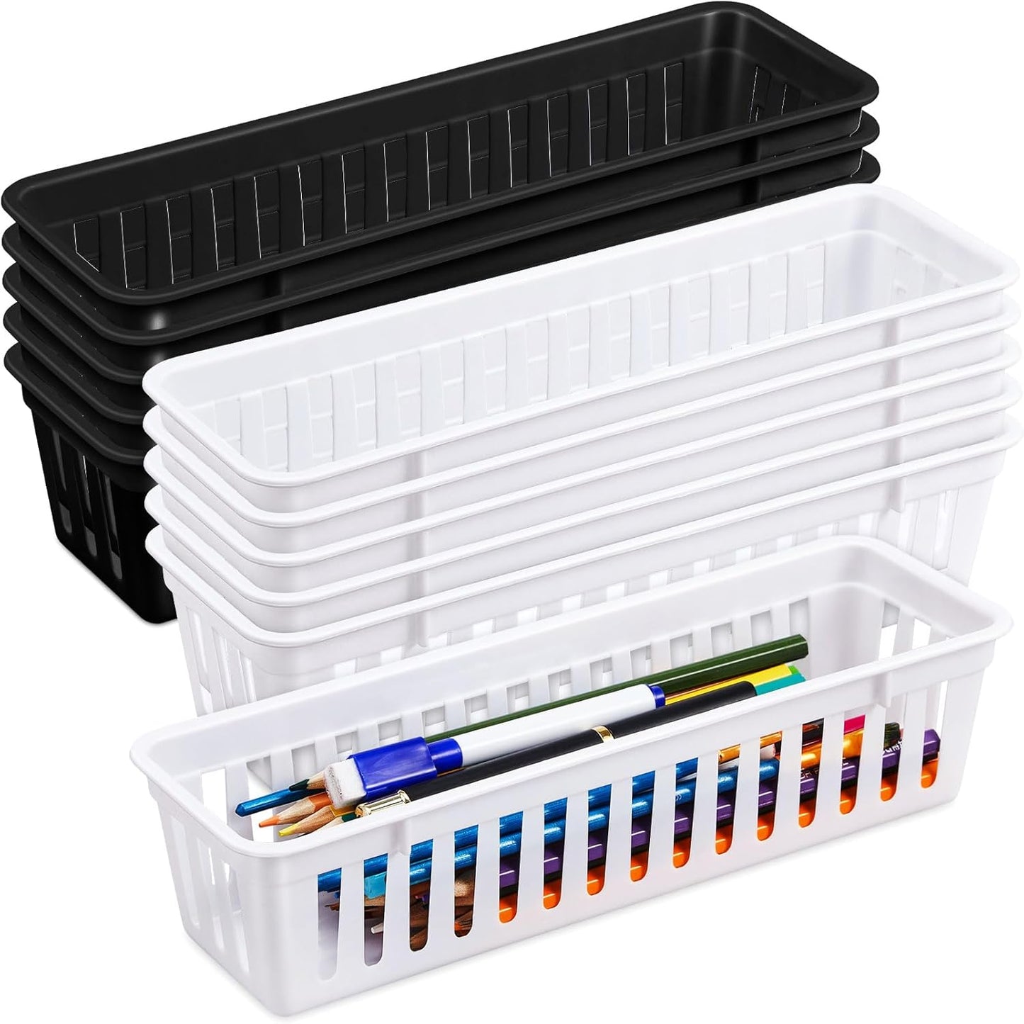 Domensi 12 Pack Slim Plastic Storage Baskets Tray for Organizing 10.25x3.25x2.5 Inch Small Narrow