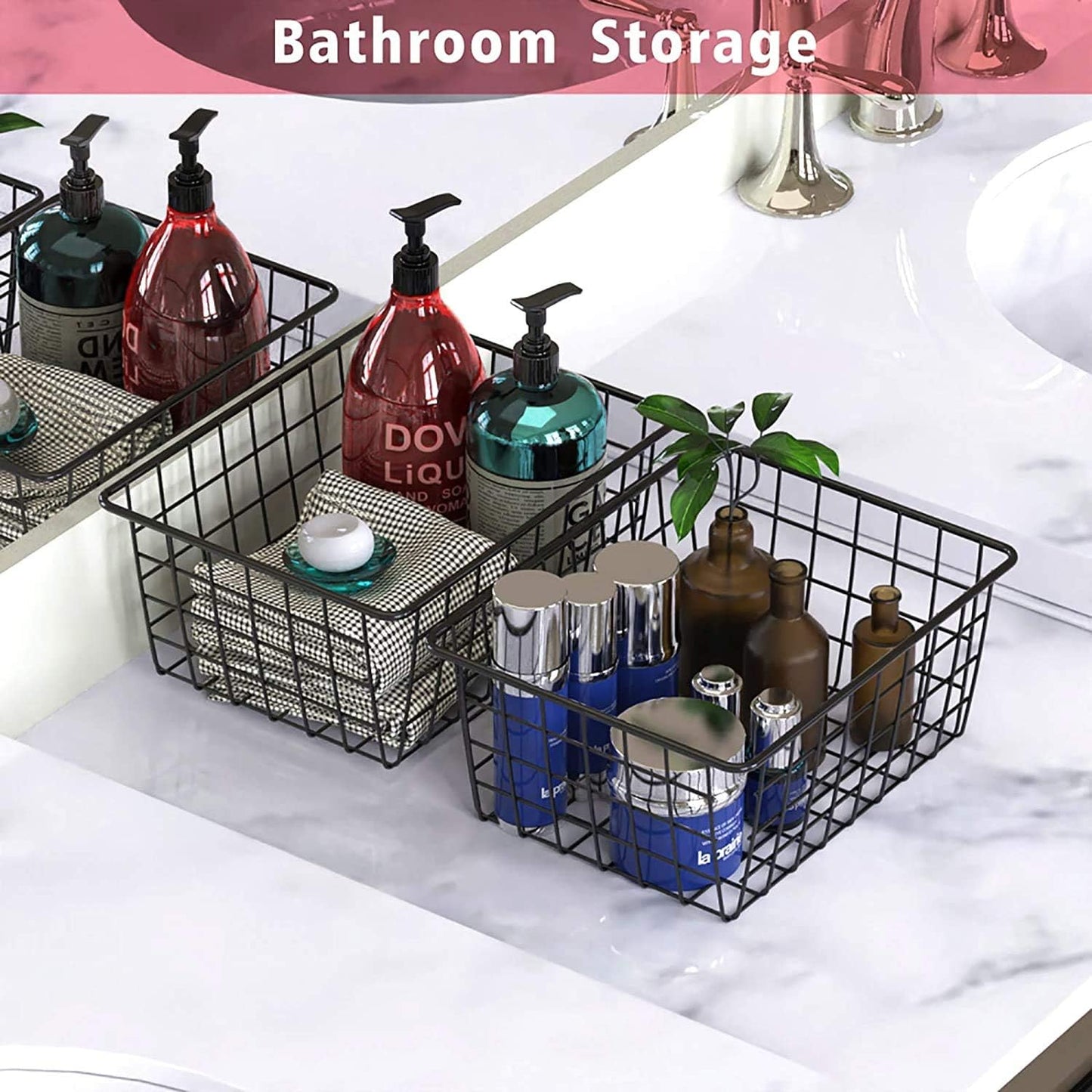 Metal Wire Basket Food Storage Organizer with Wooden Handles for Organizing Kitchen Cabinets, 4