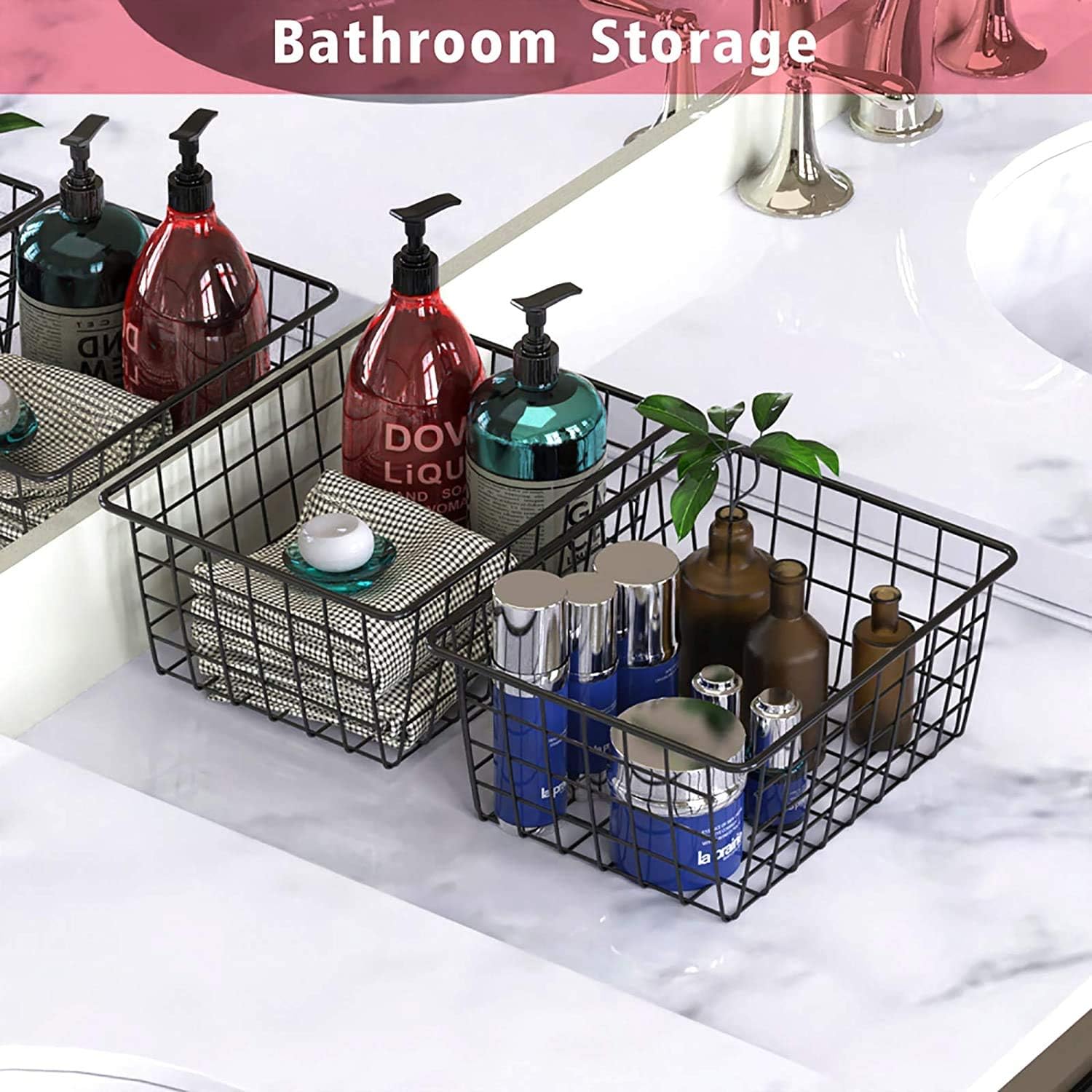Metal Wire Food Storage Basket Organizer with Wooden Handles for Organizing Kitchen Cabinets, 2