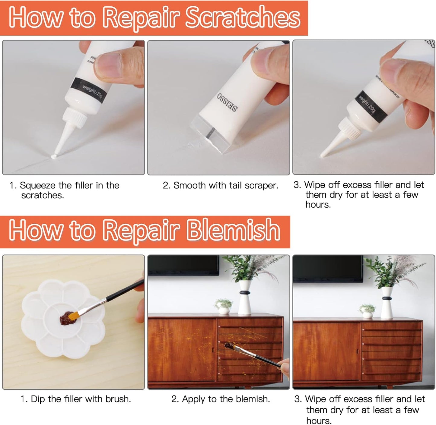 SEISSO Wood Scratch Repair Kit, 12 Colors Wood Filler Putty for Scratches Furniture Markers Touch
