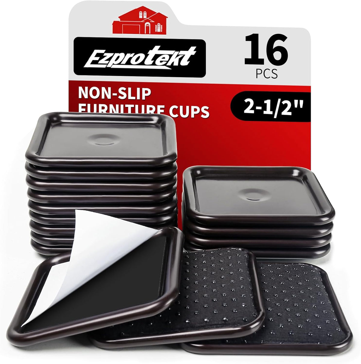 Ezprotekt 2 1/2" Square Non Slip Furniture Pads with Drip Glue Non-Woven Fabric Bottom, 16 Pcs Anti