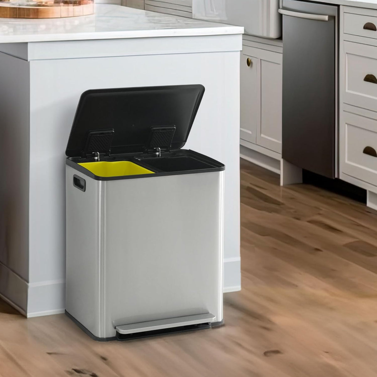 CAPHAUS Dual Trash Can with Lid, Trash and Recycling Bins Combo for Kitchen, Hands-Free