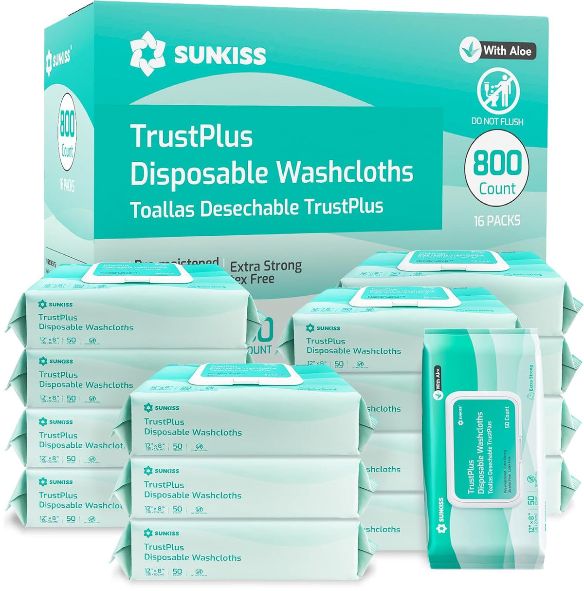 SUNKISS Trustplus Wet Wipes for Adult No Rinse, Extra Large 8”x12” Body Cleaning Washcloths for