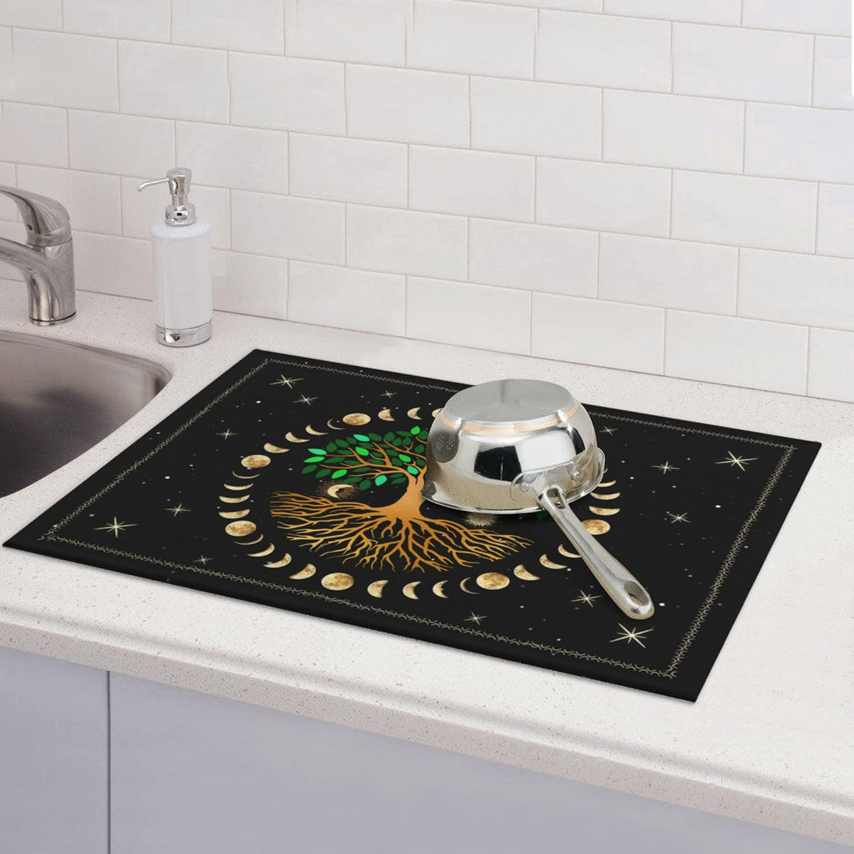 Black Microfiber Dish Drying Mat for Kitchen Counter 18"x24" Ancient Life Tree Decorative Dishes