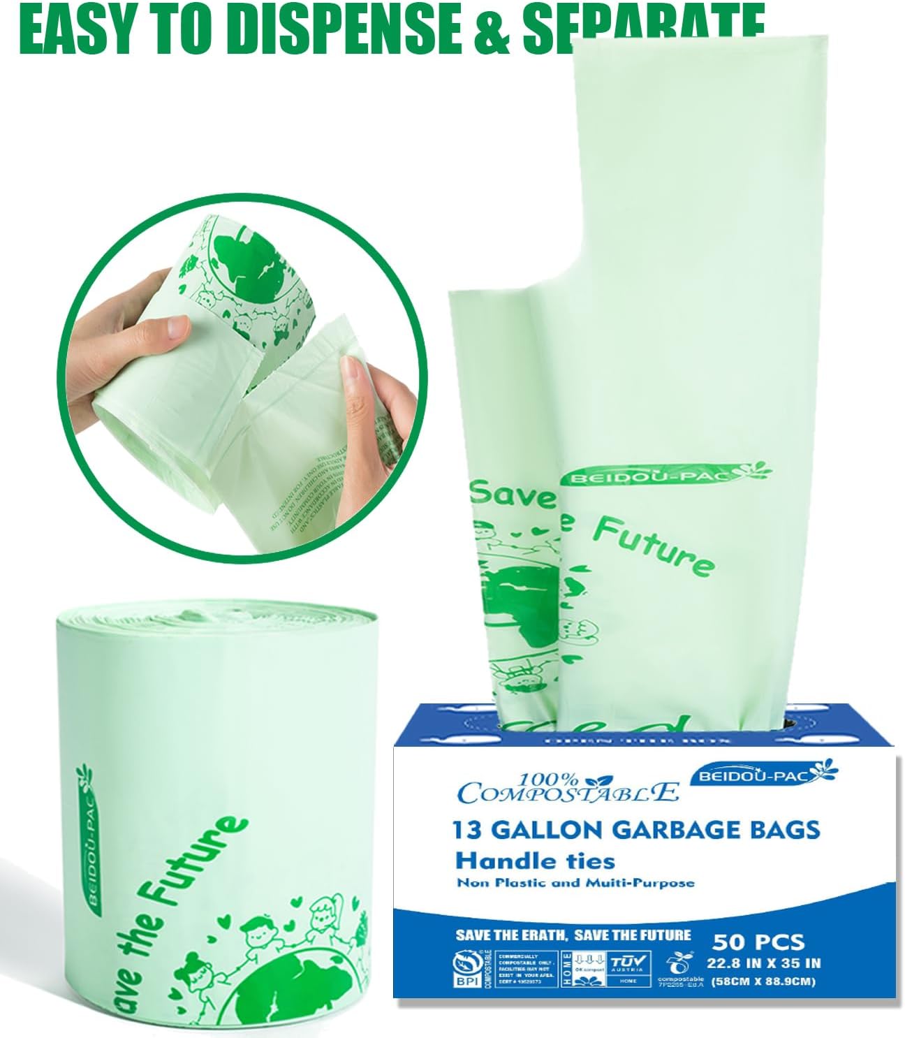 Compostable 13 Gallon Trash Bags, Tall Kitchen Garbage Bags with Handle, Sturdy Biodegradable