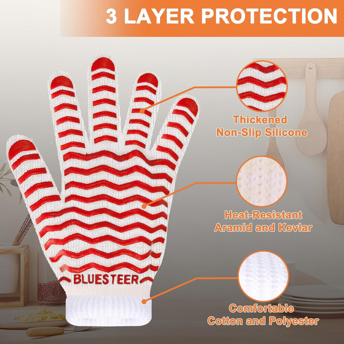 Oven Gloves 932°F Heat Resistant Oven Mitts with Fingers, Heat Proof BBQ Grill Gloves Silicone Grip