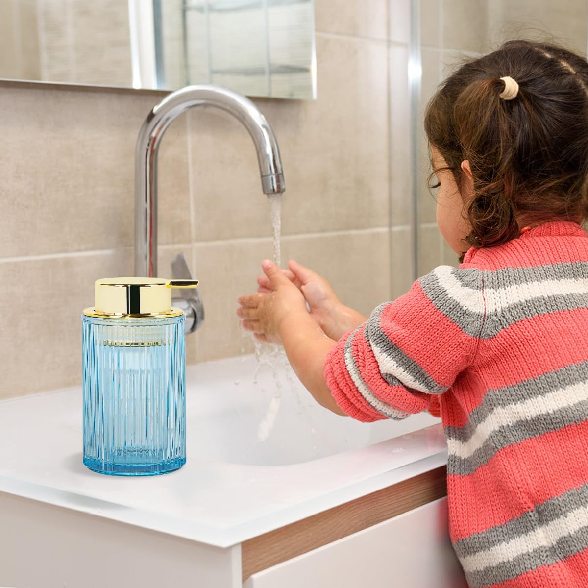 Blue Foaming Soap Dispenser, 12 Oz Glass Foaming Hand Soap Dispenser with Gold Pump, Bathroom