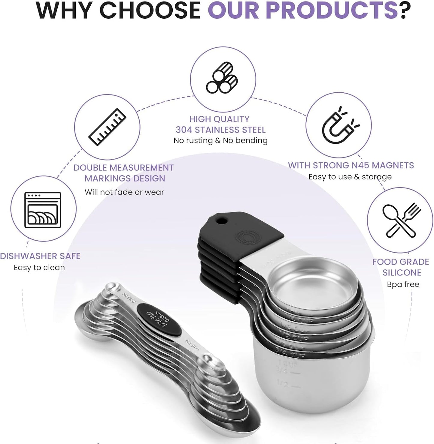 Magnetic Measuring Cups and Spoons Set-Heavy Duty 304 Stainless Steel，Double Measurement