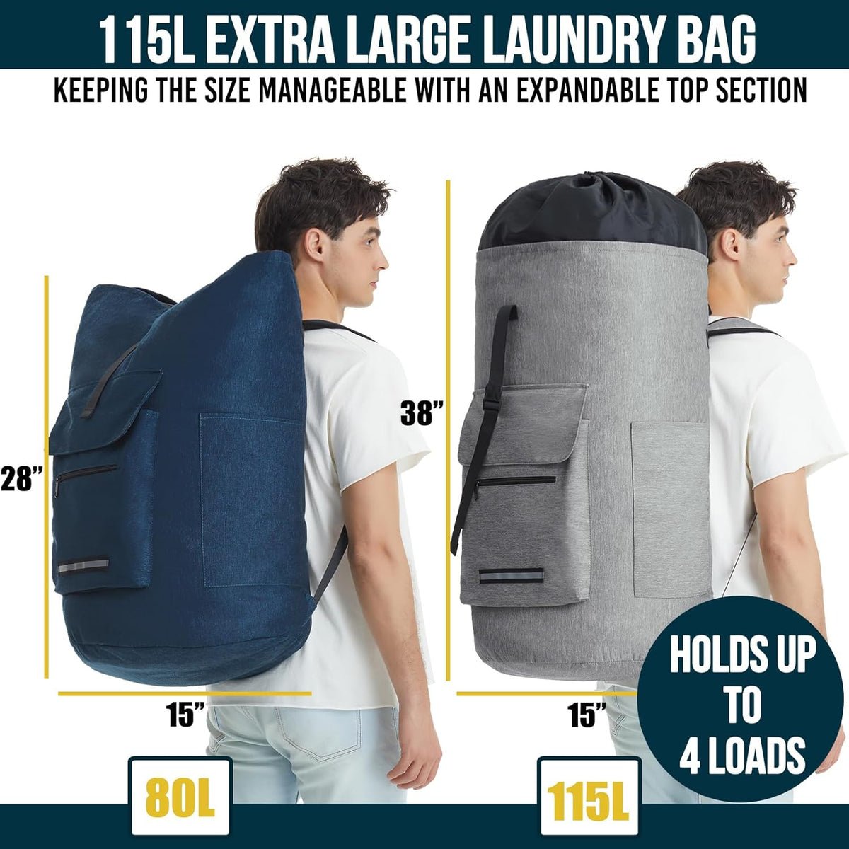 Laundry Backpack Bag, 115L Extra Large Laundry Bag with Straps, Heavy Duty Laundry Backpack with 4
