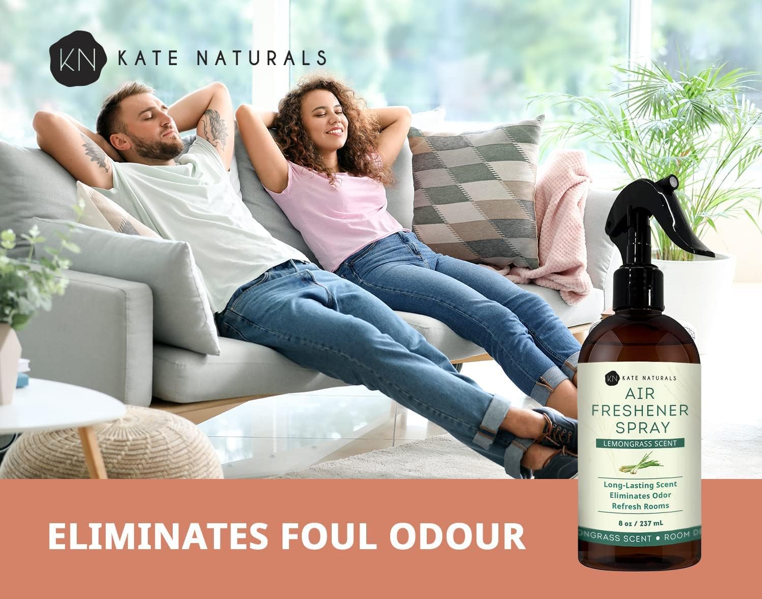 Kate Naturals Air Freshener Spray for Home. Lemongrass Essential Oil Odor Eliminator Room Freshener