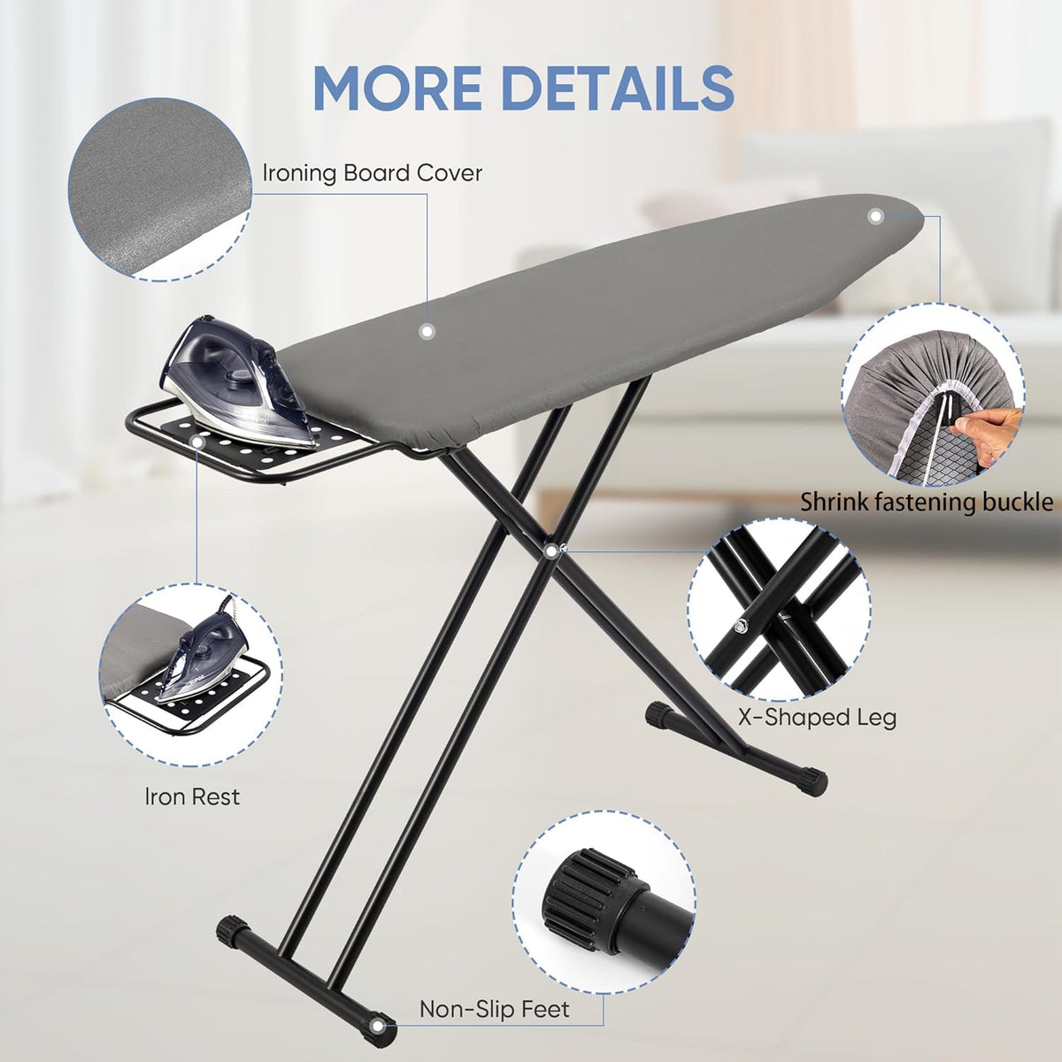 Full Size Ironing Board 47" X 15" with Heat Resistant Cover and Thicken Felt Pad, Safety Iron Rest